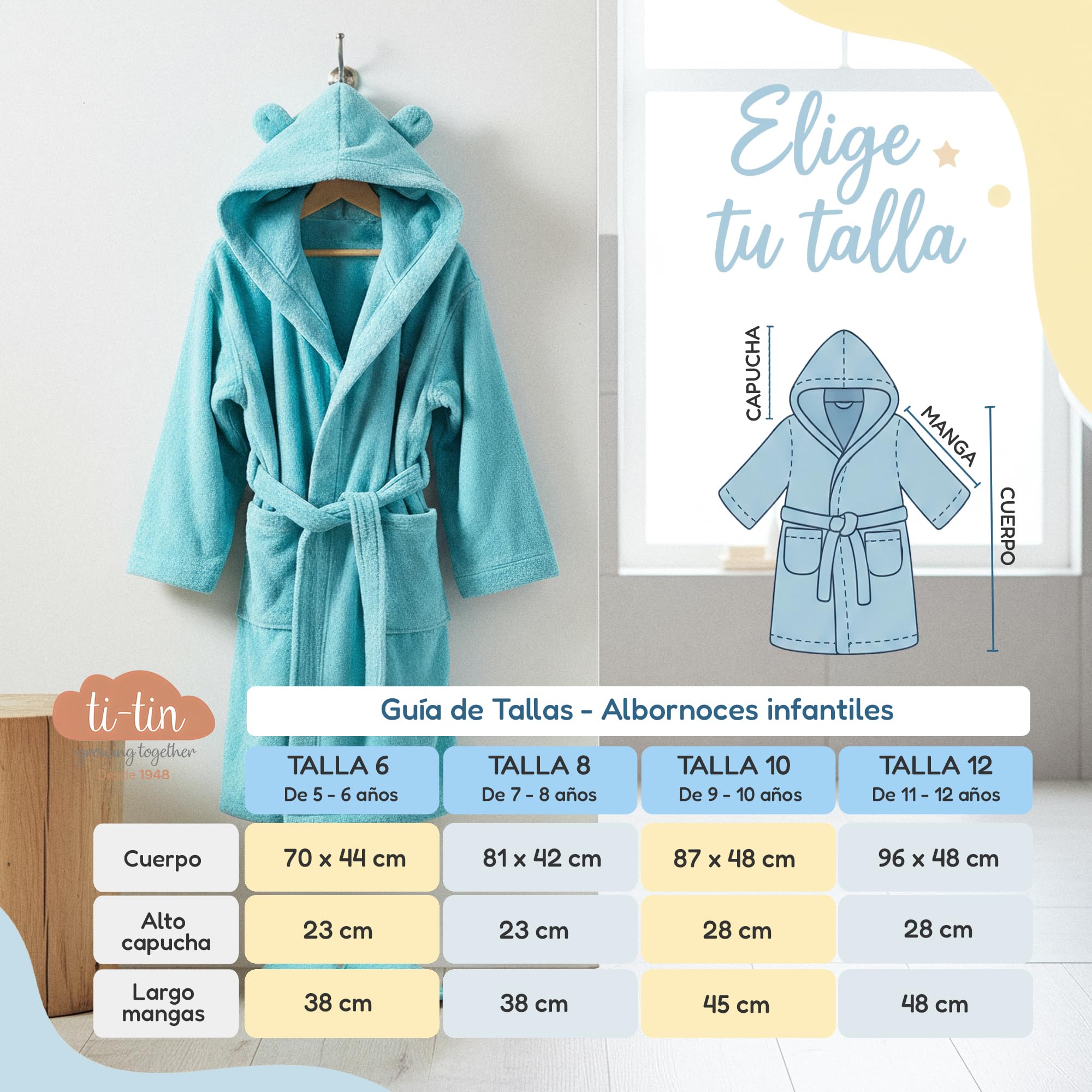Albornoz Infantil Ti TIN con Capucha y Bolsillos Laterales 100% Algodón Rizo de Toalla