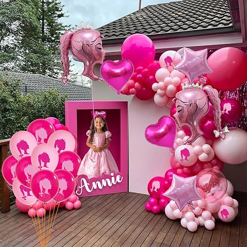Miniatura 8 de 30 globos de papel de aluminio de princesa rosa intenso, globos de estrella de corazón rosa, cabeza de niña, kit de globos de látex para