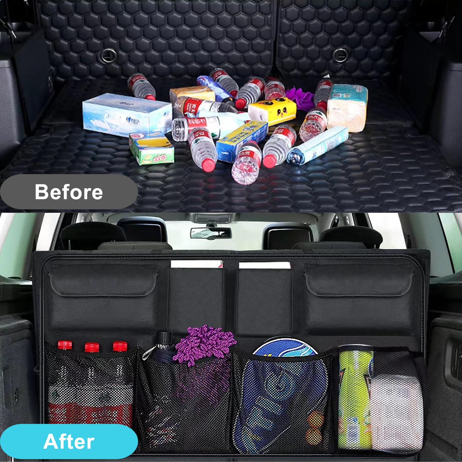 XYJNYO Trunk Organizer with 8 Storage Pockets, 1 Pack Rear Seat Organizer Keep SUV, MPV, TRUCK Organized & Tidy, Travel Accessories, Space Saver