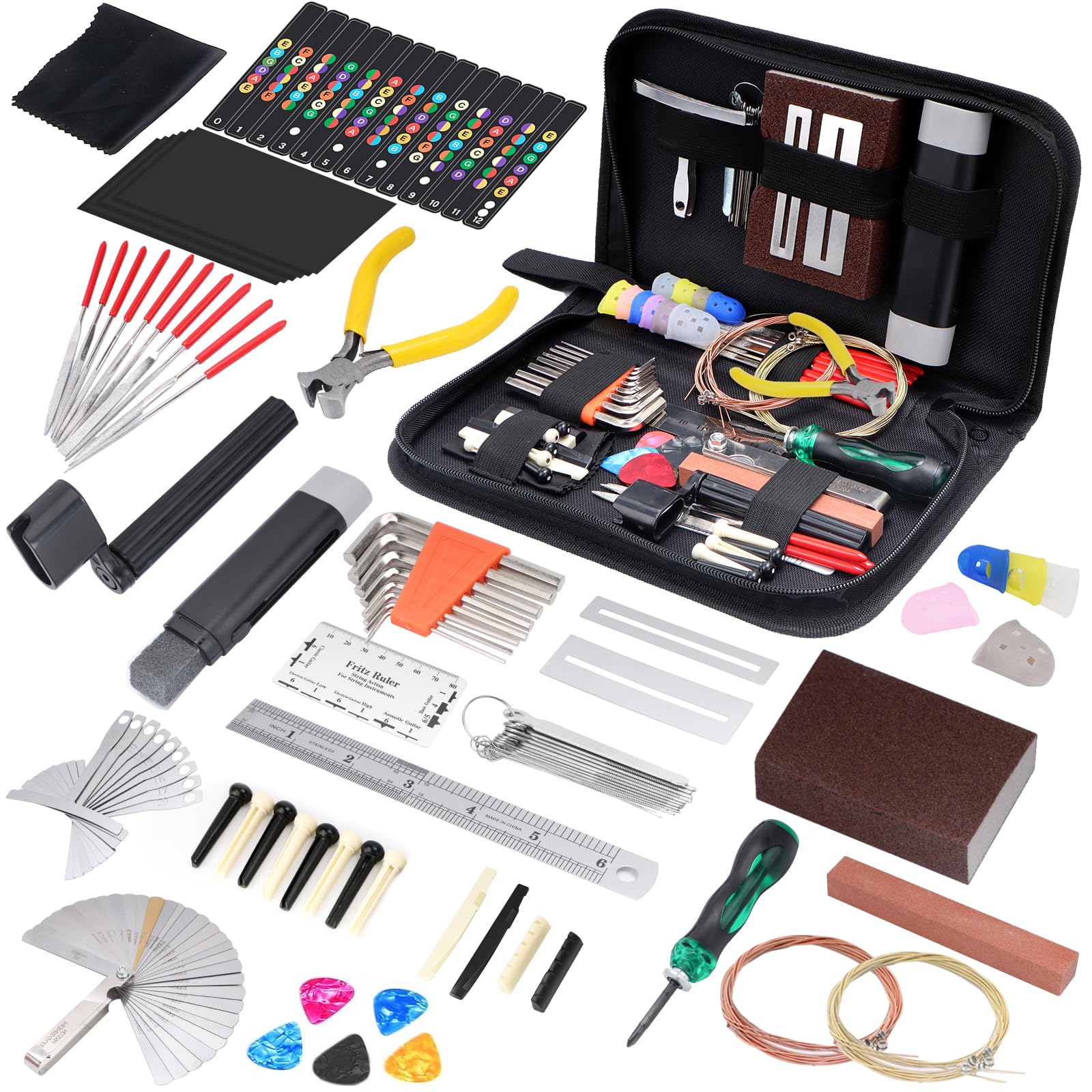 Kit de 132 outils d'entretien de guitare, kit d'outils de réparation de guitare avec sac de transport, accessoires de nettoyage pour ukulélé, basse, mandoline, banjo, cadeau parfait pour les amateurs
