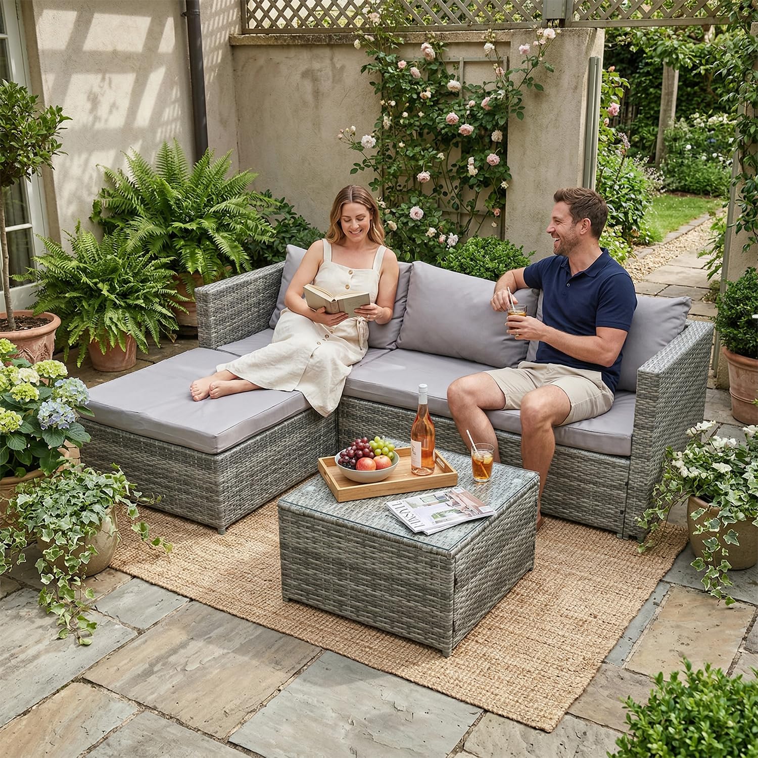 COZYBRITE Garden Corner Sofa Rattan Furniture Set 4 Seater Patio Outdoor Lounge Settee with Glass Coffee Table All-weather SFS066 (Mix Grey Rattan+Grey Cushion) — view 7