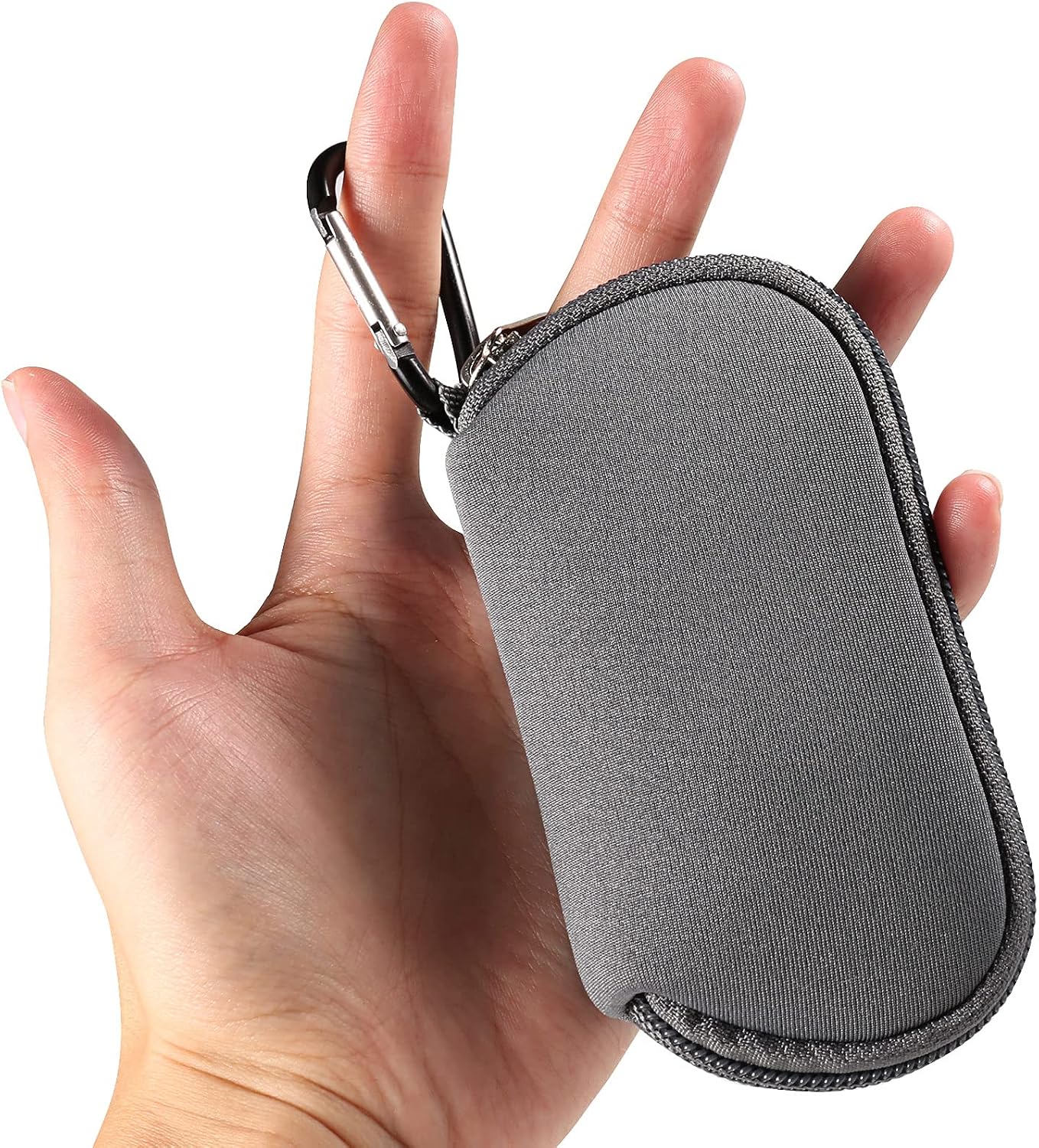 Earphones Carrying Case Headphone Organizer Shock Proof Neoprene Mini Earbud Pouch for AirPods, Galaxy Buds, Bluetooth Earpiece Storage Bag Coin Purse with Zipper Closure & Carabiner Clip (Grey)