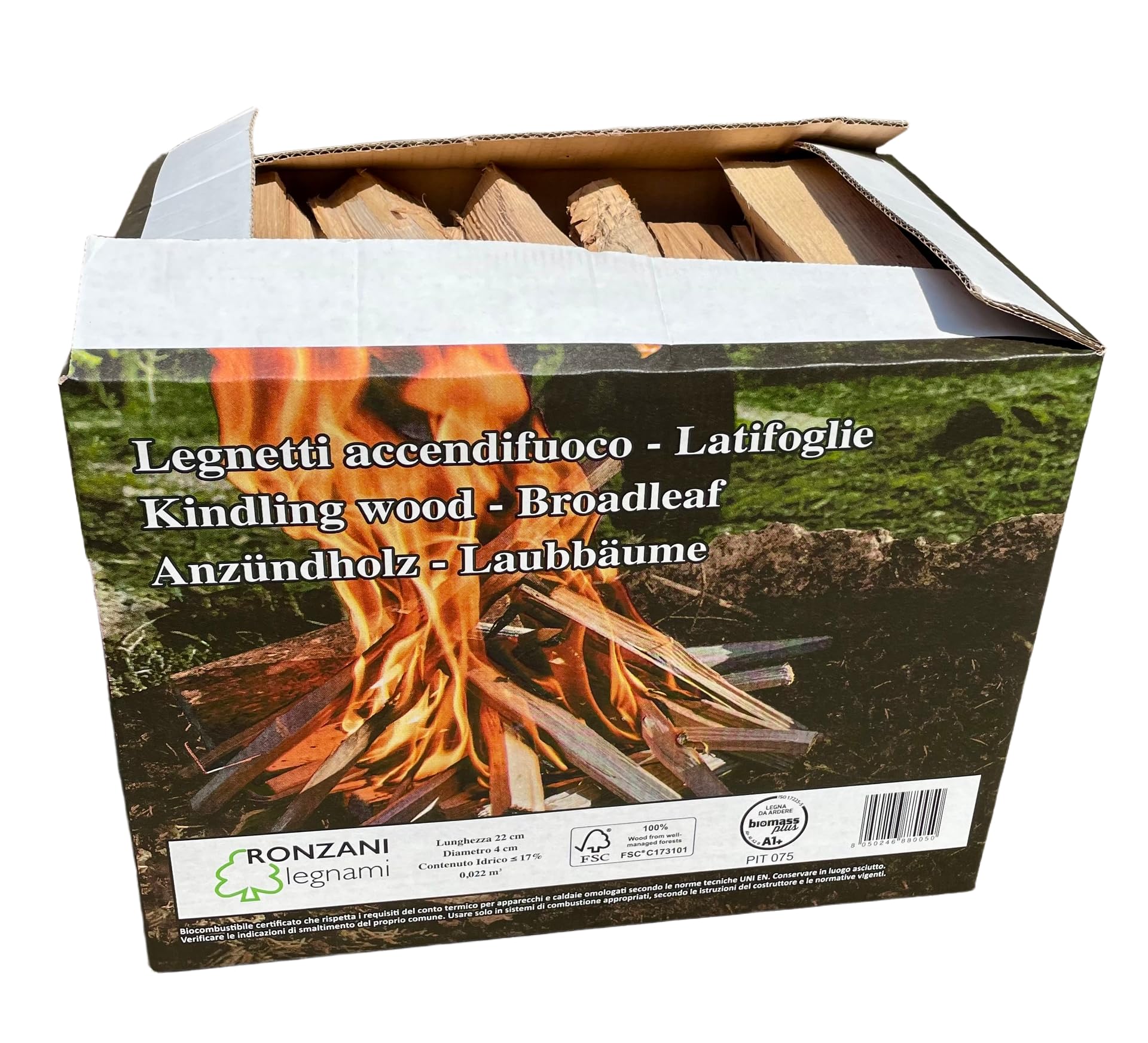 Legnetti Accendifuoco di Latifoglie - 22 cm - Certificati FSC e BiomassPlus - Naturali, Ecologici - Per Barbecue, Camini, Stufe e Forni - 100% legna secca e naturale - Bancale da 36 scatole