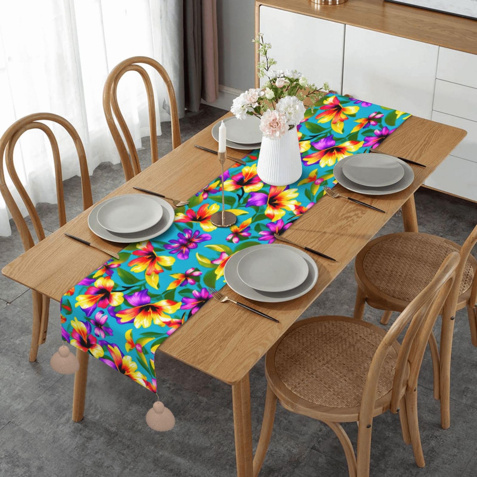 Chemin de table fleurs colorées hawaïennes pour décoration de buffet et mariage