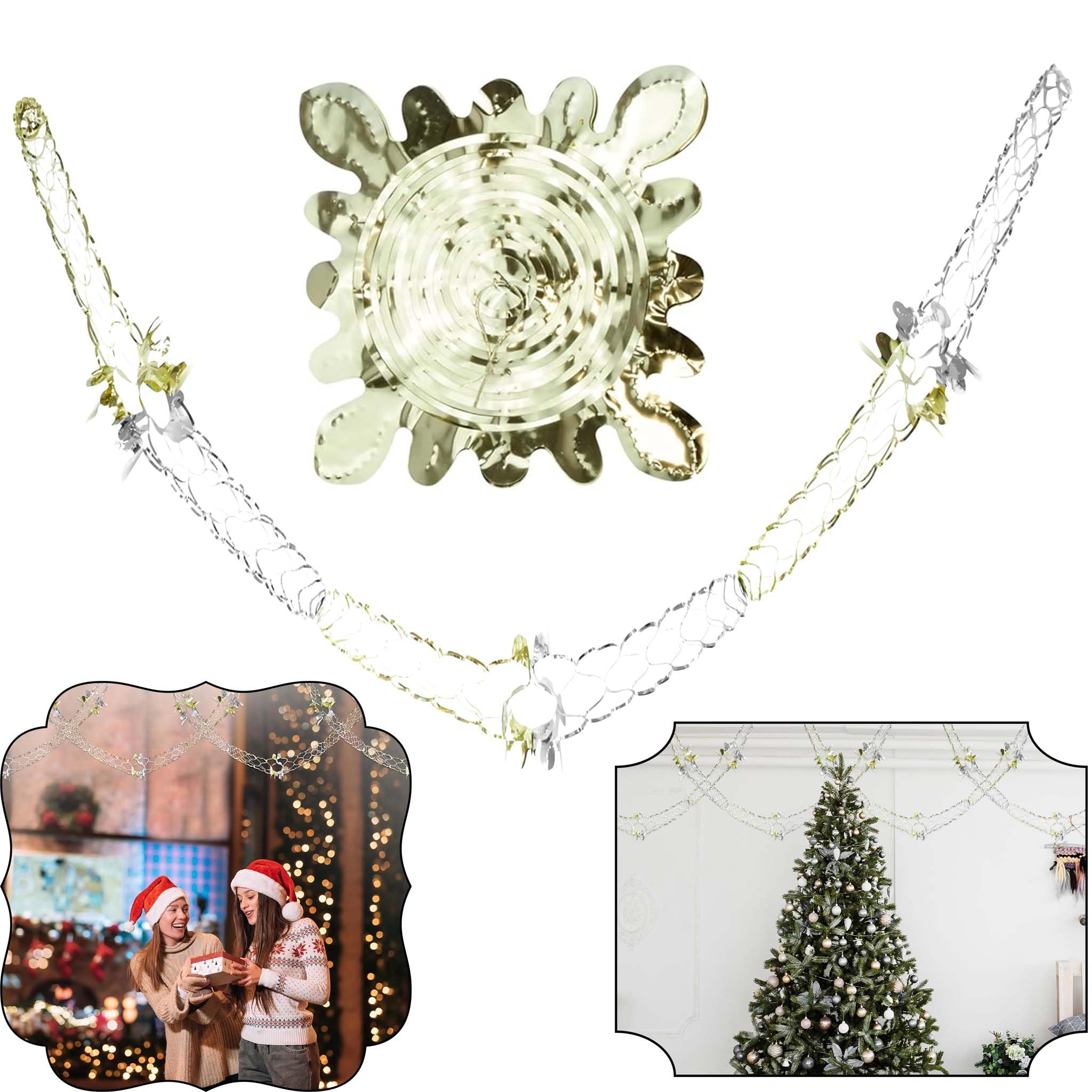 HOVUK®Christmas Hanging Ceiling,Wall Decoration Foil Garland,Bell,Ball,SnowFlake Decoration (Silver/Gold, 15cm x 2.7M Garland)