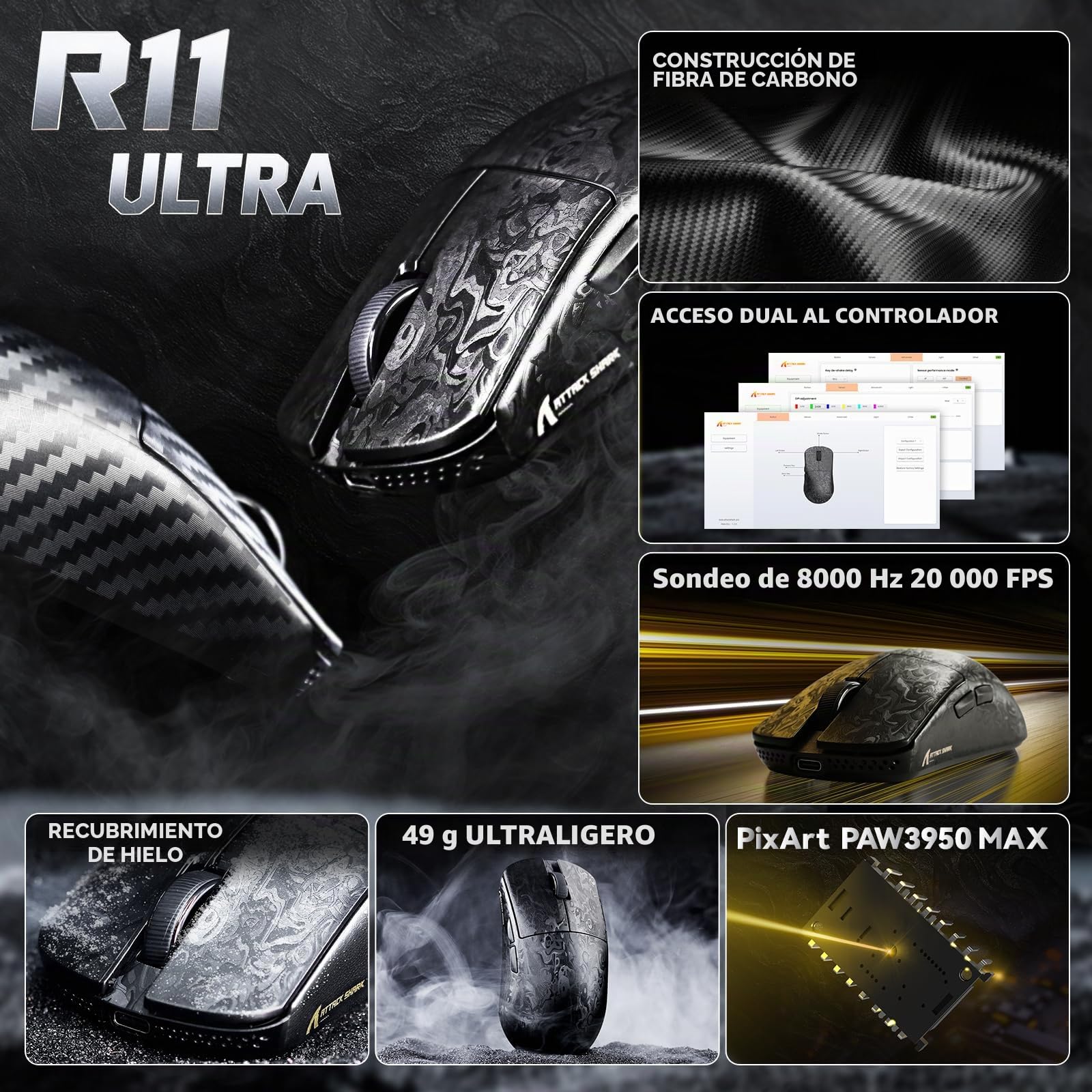 ATTACK SHARK R11 Ultra Ratón Gaming Inalámbrico 8000 Hz de Fibra de Carbono, 49g Superlight, 42000 dpi, 20000 FPS, Nordic 52840, PAW3950MAX, Capa Ice-Feel, BT/2.4G/Cableado, PC/Mac, Negro Forjado