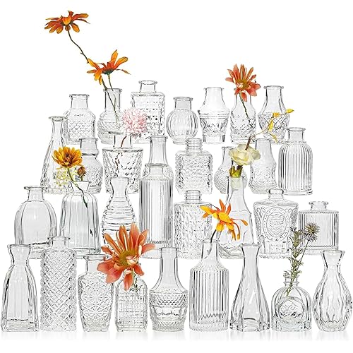 Glass Bud Vase Set of 32 Pcs, Small Glass Vases for Flowers, Clear Bud Vases in Bulk, Vintage Vases for Wedding Centerpieces, Wedding Decorations, Home Table Flower Decor