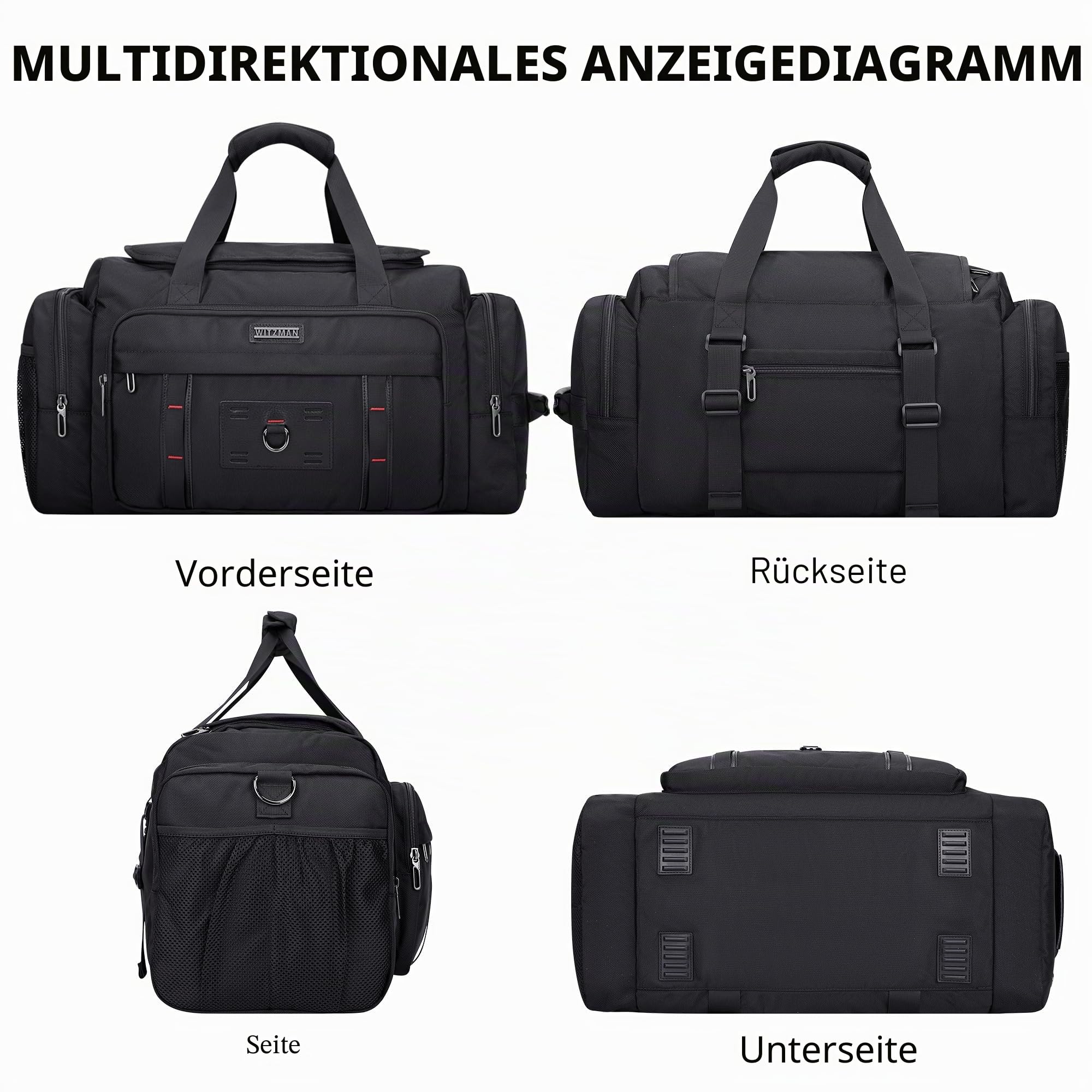 WITZMAN Reisetasche Herren Groß Sporttasche mit Schuhfach Duffle Bag für Travel Gym Trainingstasche Sport Tasche(B719 Schwarz)