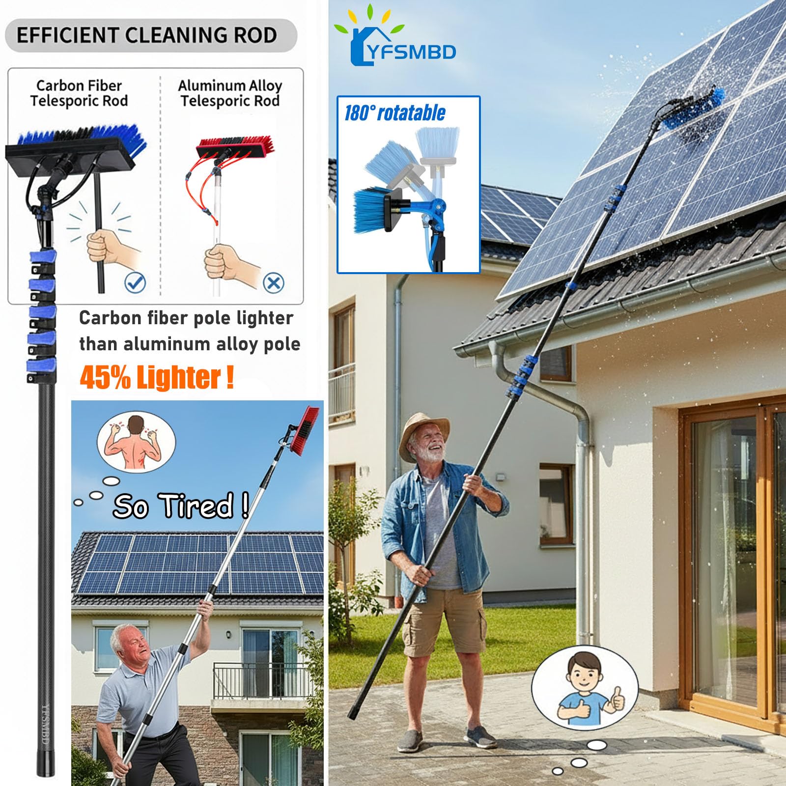 Kohlefaser Teleskop Waschbürste 3,6 - 20m mit Wasseranschluss, Fensterreiniger mit Teleskopstiel, Seifenspender, Spinnwebenstaubwedel mit Teleskopstange, Solaranlage, Wintergarten Reinigungsset (7.3m)