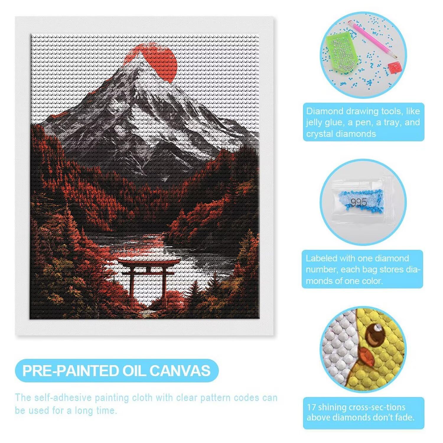 Obraz diamentowy 5D, DIY Mount Fuji Diament Pełny obraz, okrągły diament, diamentowy obraz artystyczny Rhinestone Ścieg krzyżykowy Malarstwo dla dorosłych Dzieci Początkujący, Dekoracja ścienna