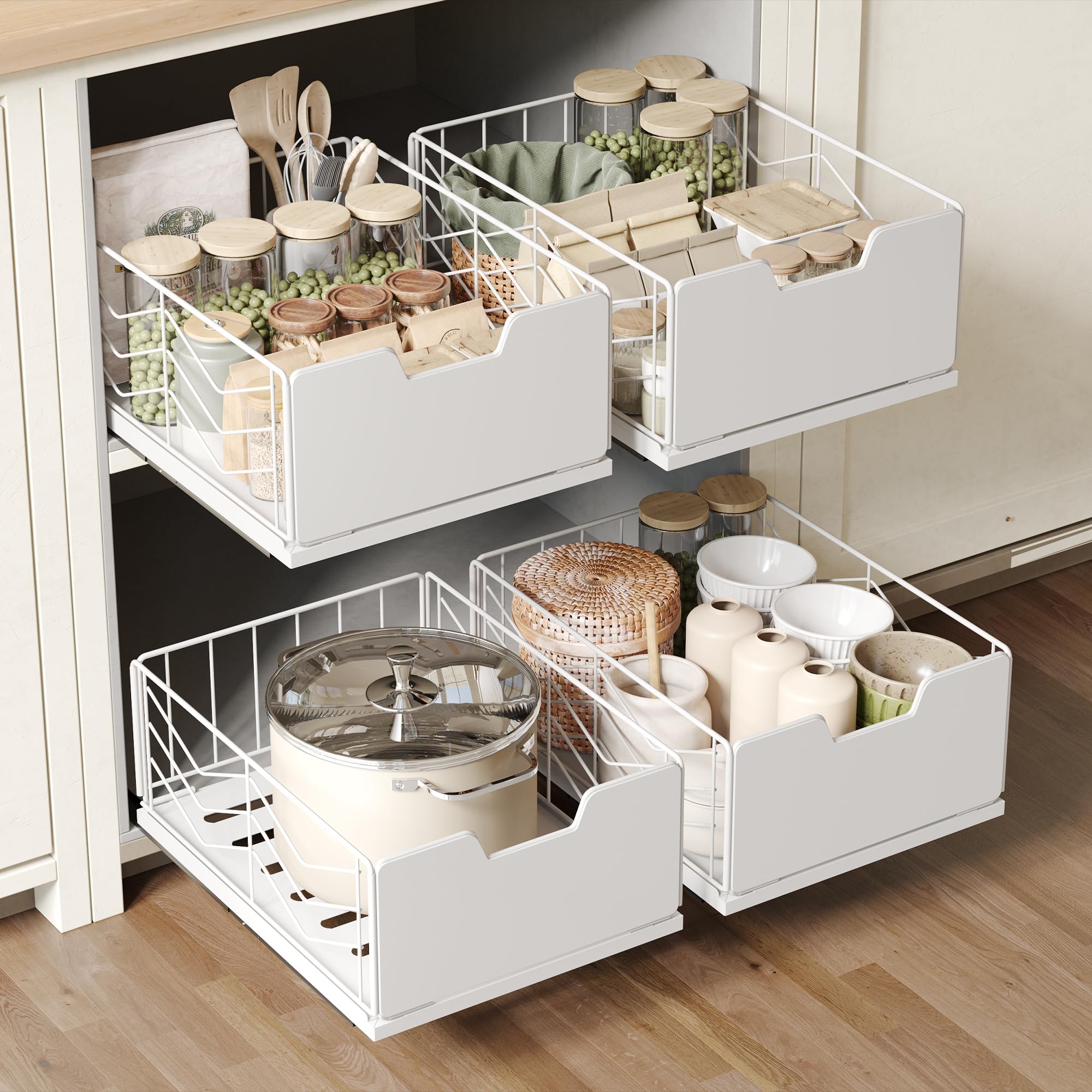 NETEL 4-Pack Pull Out Cabinet Organiser, No Drill Slide Out Drawers for Kitchen Cabinets, Pull out cabinet sliding baske, kitchen storage & organisation, 30cm pull out drawer, White โ image 1