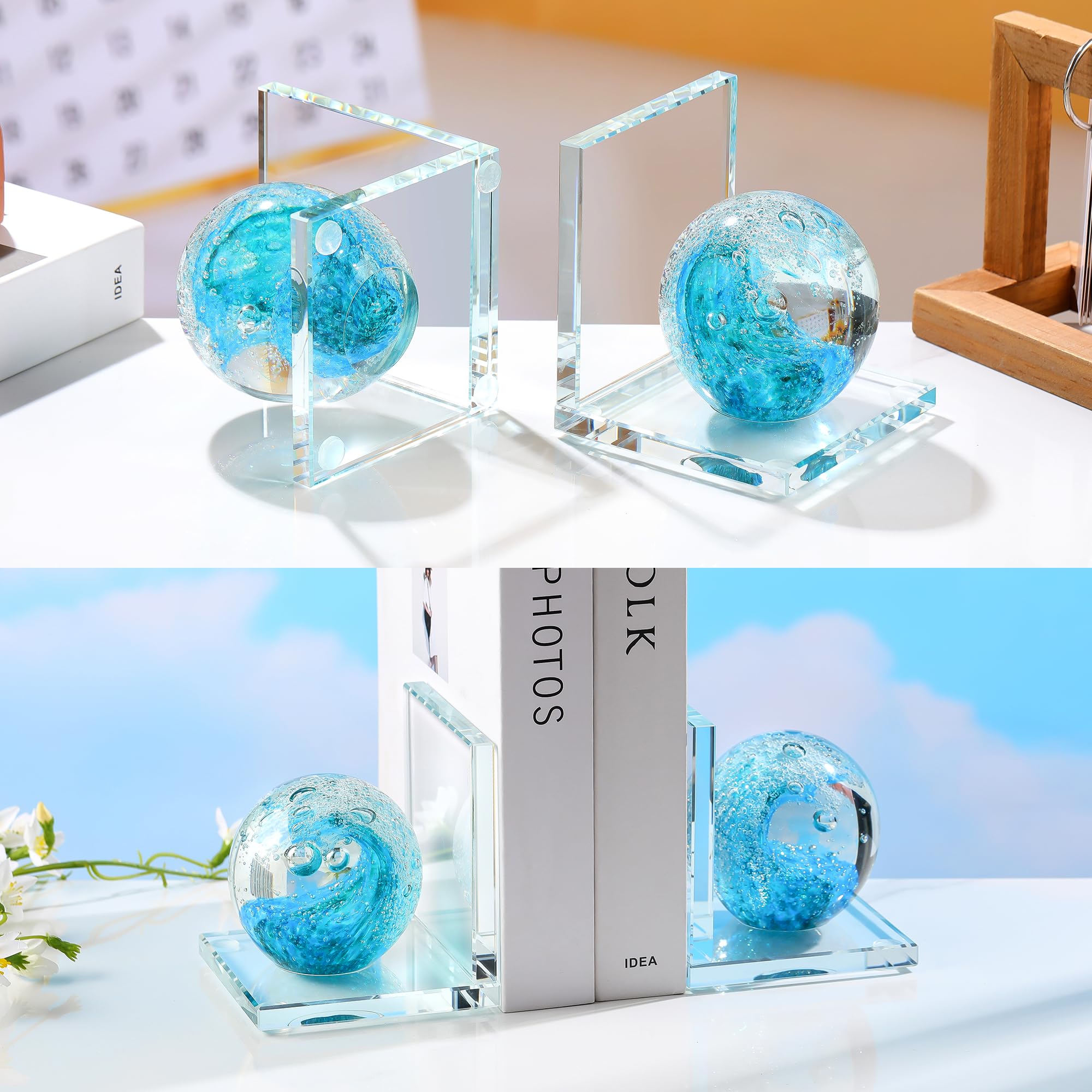 Buchstützen aus Glas mit türkiser, mundgeblasener Meereswelle, 2 Stück | Buchstützen für Regale, dekorativ, cool, Kristall, nautisch, Ozean, schwer, Küstenbuchstützen, moderne Buchstützen
