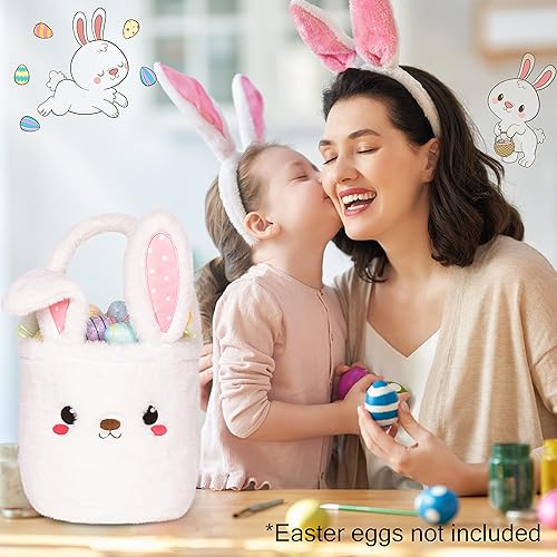 Miniatura 5 de Cesta de Pascua de conejo 2022 para niños, juego de 2 cubos vacíos de felpa con orejas plegables y asa, cesta de caza de huevos, cesta de caramelos