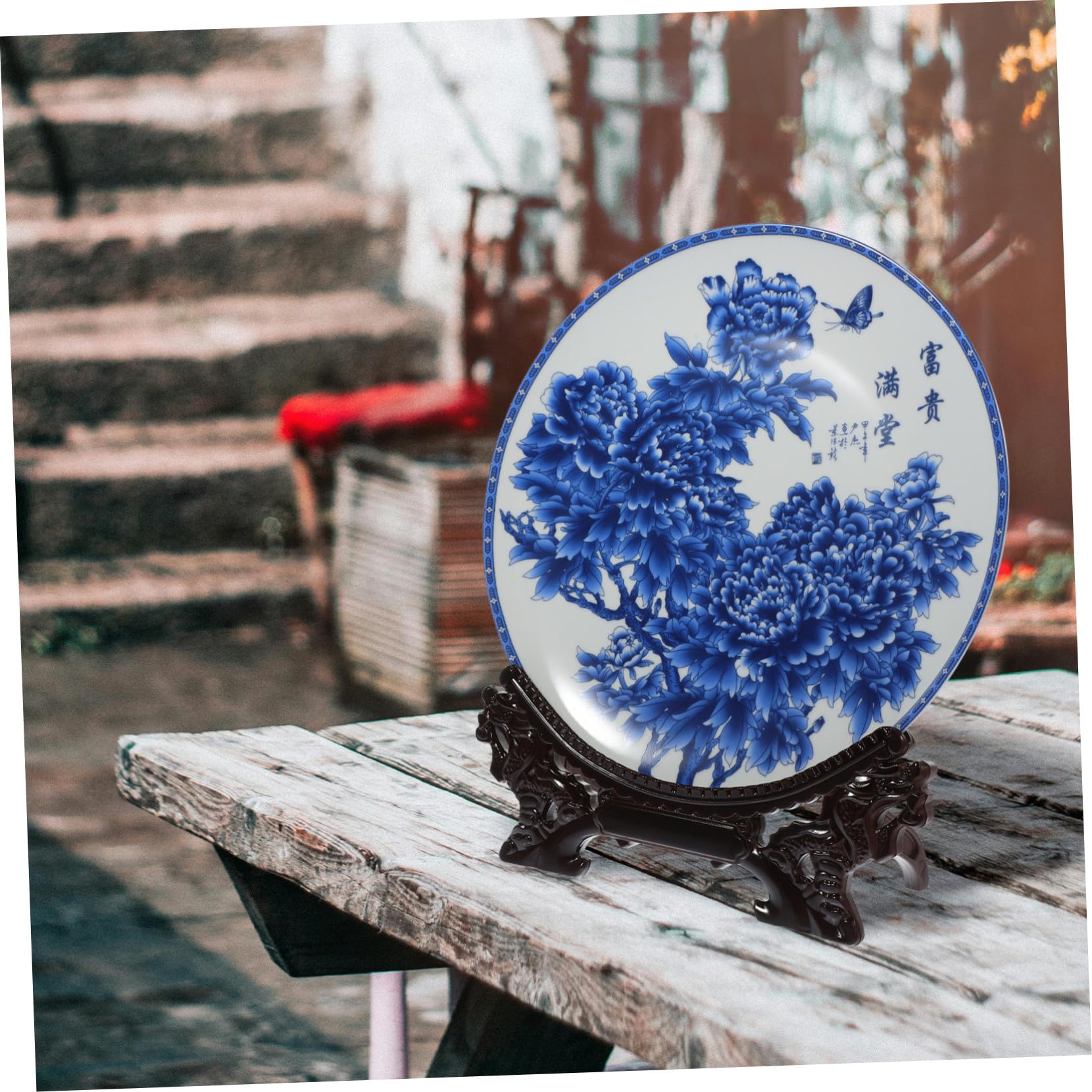 VANZACK Plato Decorativo de Cerámica Azul y White y Fácil de Limpiar con Soporte de Madera, Diseño Artístico Único para Decoración y Obsequio