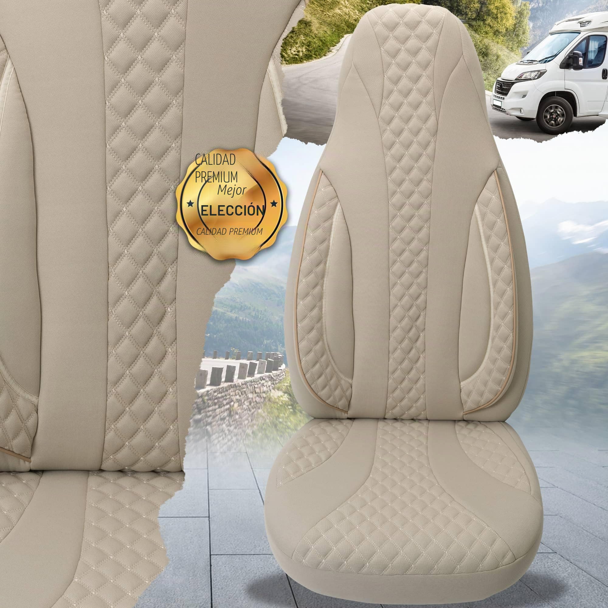 Bremer SITZBEZÜGE Fundas de Asiento Personalizadas para Asientos de piloto, Juego de Conductor y Pasajero, compatibles con Fiat Ducato, Pössl, Knaus, Adria, Carthago, Pilote Laika WPL405, Beige
