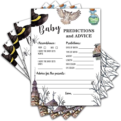 Magic School Baby Shower - Juego de predicciones y tarjetas de consejo para bebés (paquete de 30), suministros de decoración de juegos de fiesta de