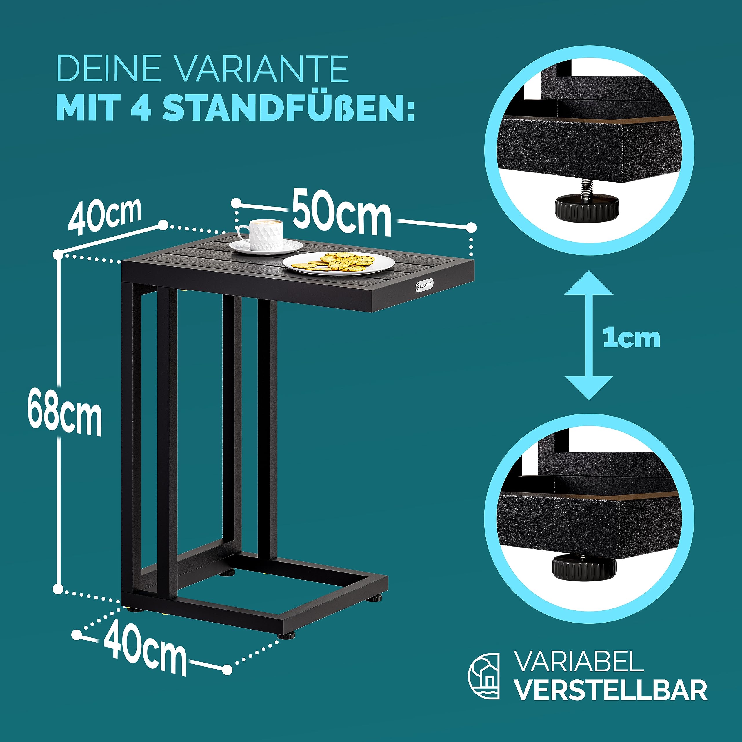 Casaria® Beistelltisch C-Form 50x40x66cm Metall WPC Tischplatte 25kg Belastbarkeit mit Rollen Wetterfest Outdoor Gartentisch Balkontisch Tisch Schwarz