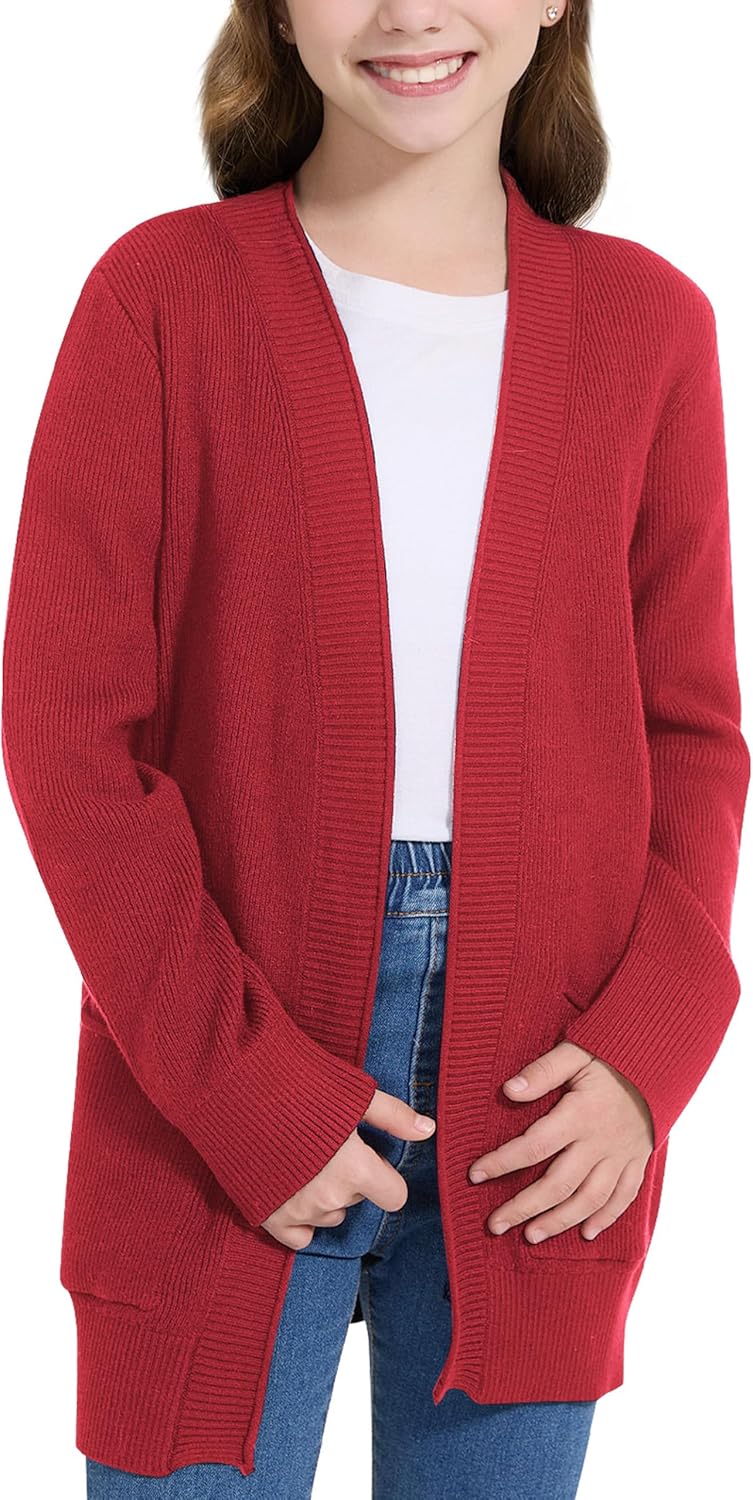WULFUL Girls Long Sleeve Cardigan Kids Casual Open Front Oversized Sweater with Pockets