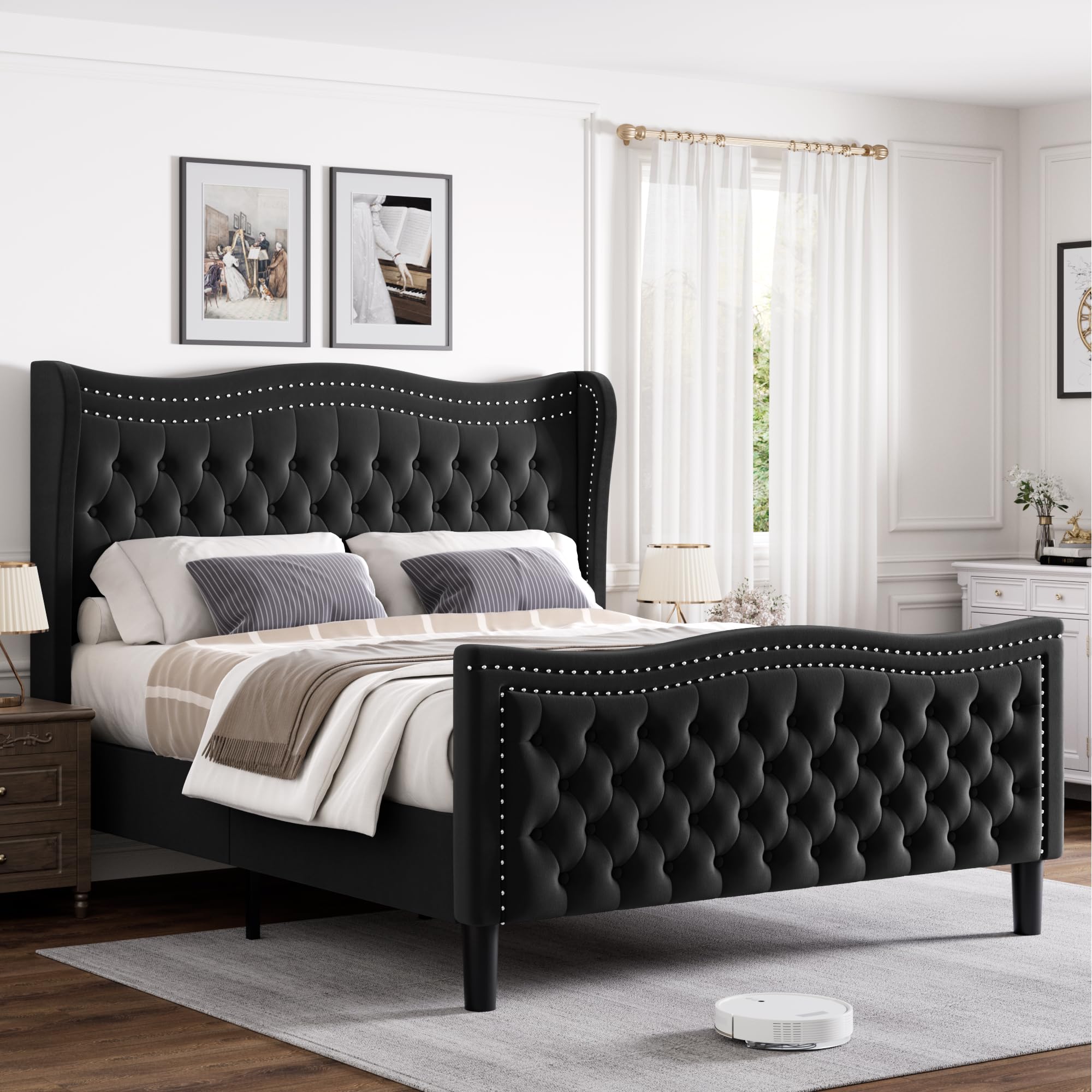 Generic King Bed Frame, 52"" Headboard Upholstered Bed with Tall Footbaord, Velvet Upholstered Deep Button Tufted Wingback Platform Bed, No Box Spring