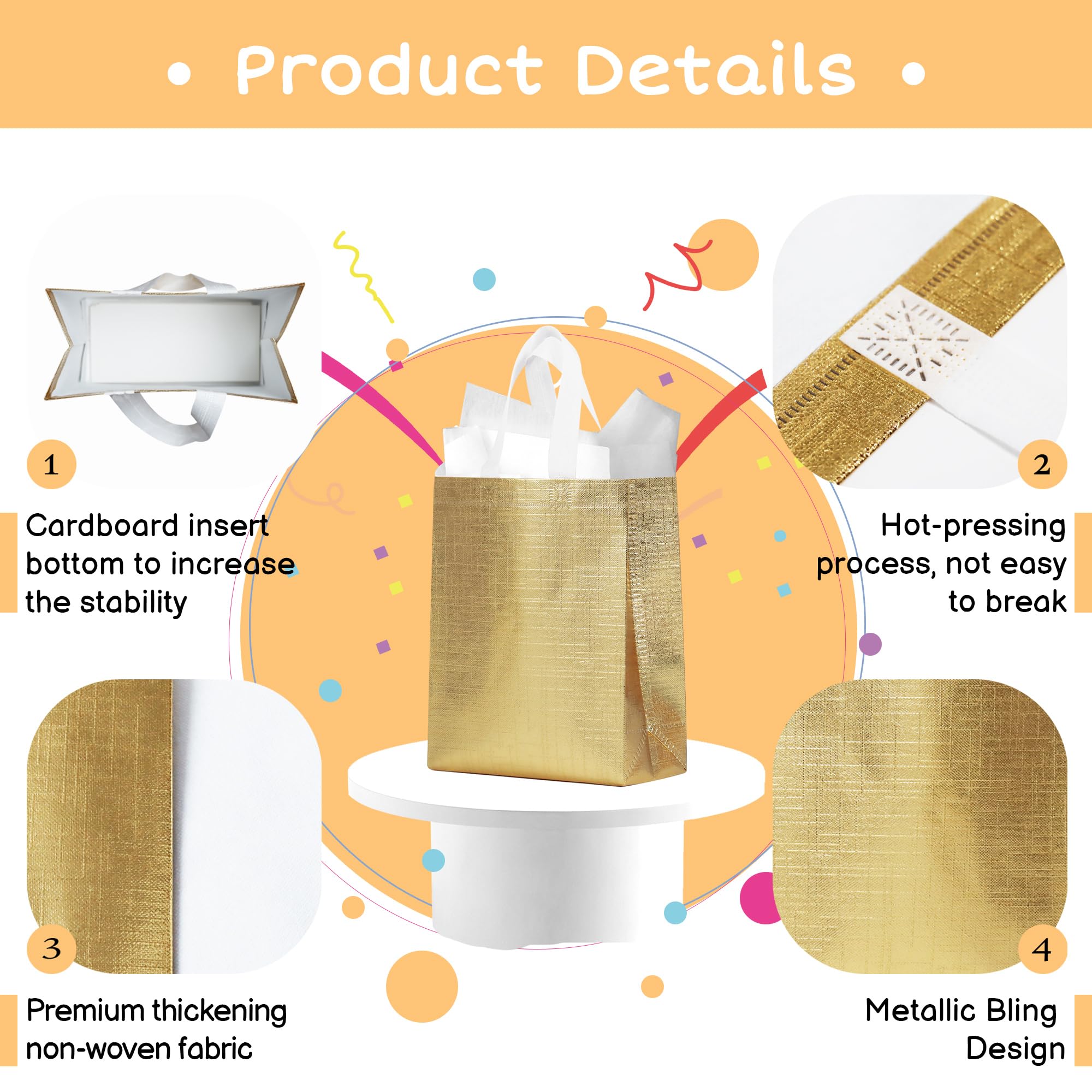 cabzymx Gold Small Reusable Gift Bags with Metallic Design, 25 Pcs Return Gift Bag Bulk for Wrapping Gifts, Birthday, Wedding, Parties-10.2x3.9x8.3 In