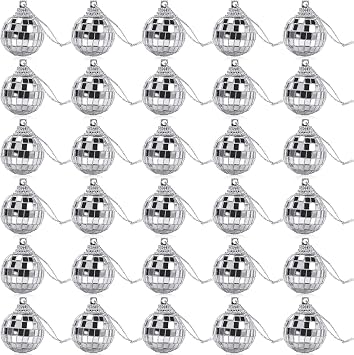 30 Pieces Mirror Disco Ball,Reflective Mirror Ball Cake Decoration,Mini Disco Balls Ornaments,Silver Hanging Disco Ball with Rope,Mirror Balls for Christmas Tree Wedding Party Decorations
