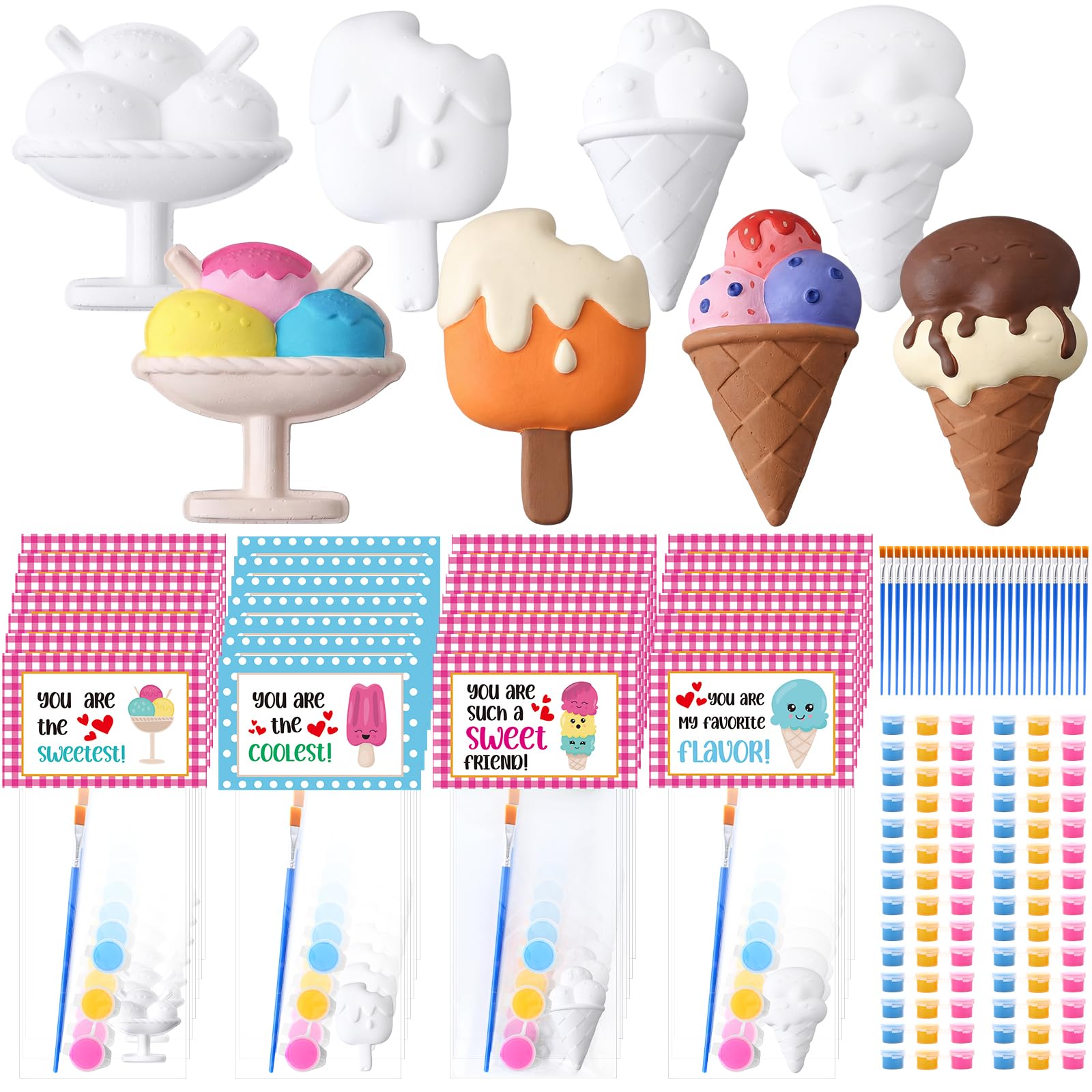 Foilswirl 28 Set Valentine's Day DIY Painting Kit Ceramic to Paint Your Own Ice Cream Statues Unpainted Plaster Figurines with Brushes Bags Valentine Cards for Party Gifts Exchange
