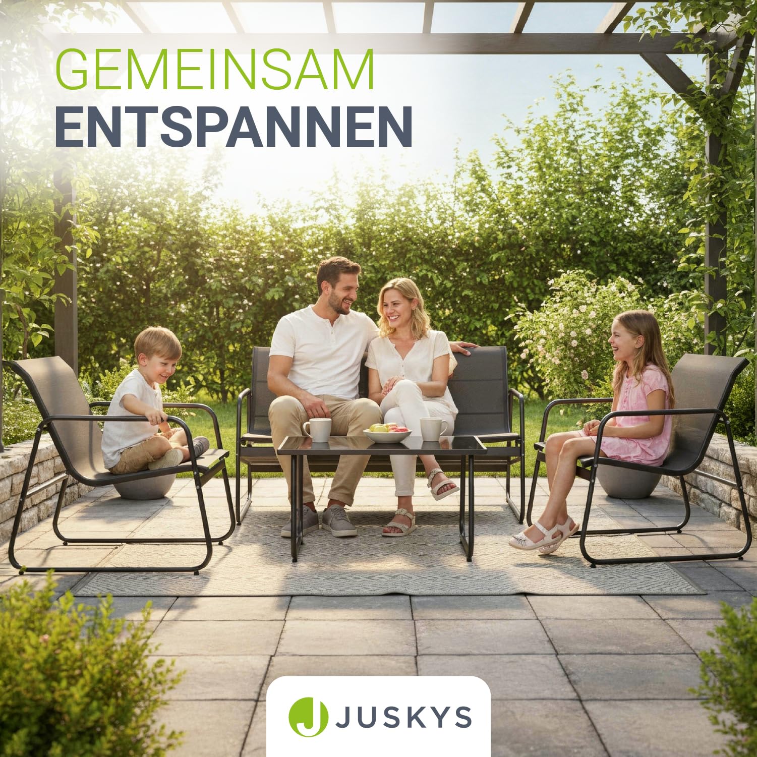 Juskys Gartenmöbelset Genua 4-TLG. – Anthrazit, Outdoor Sitzgruppe, Tisch & Bank, wetterfestes Textil, LongLife Stahlgestell