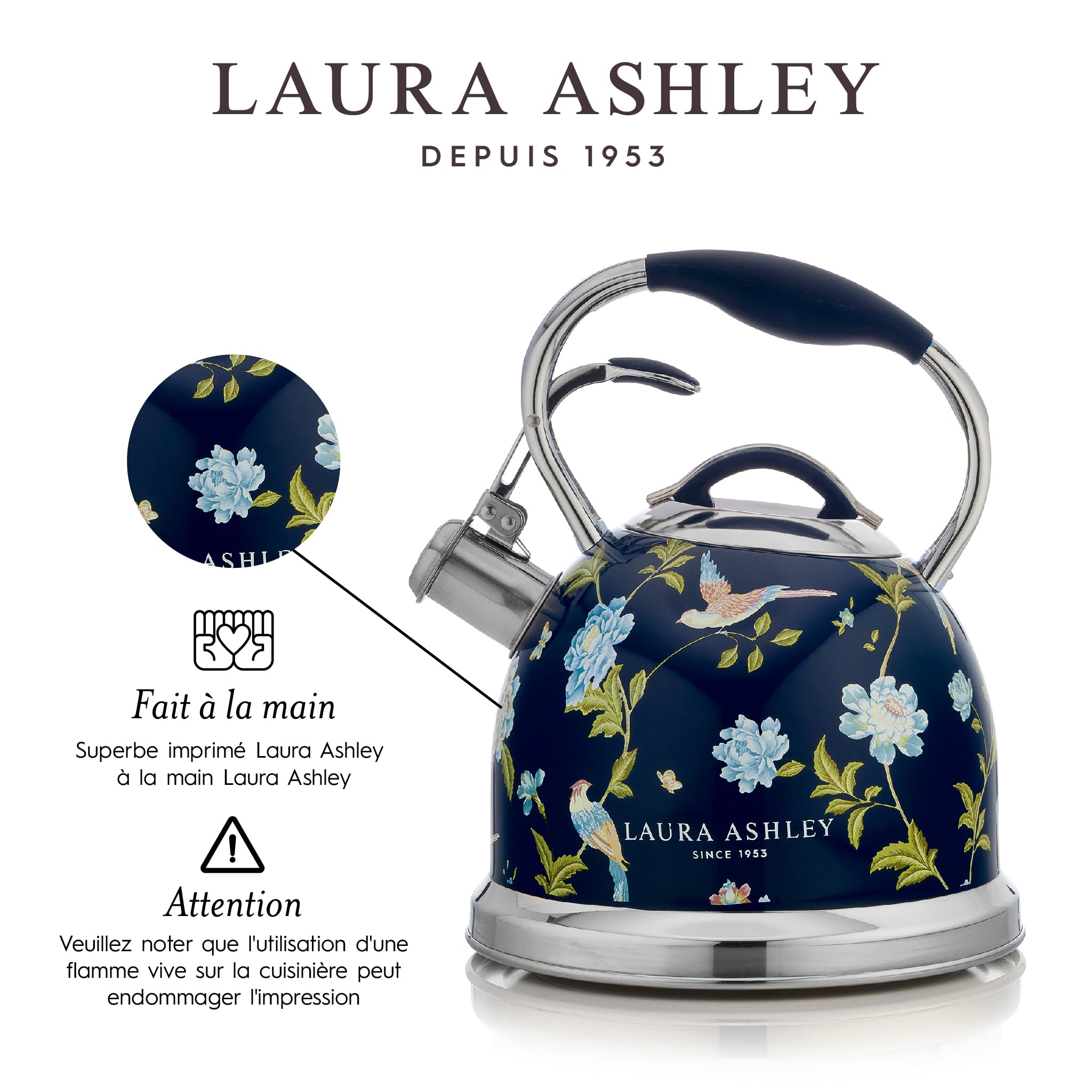 Laura Ashley VQ Bouilloire Sifflante Inox 2,5 L Grille-Pain 4 Tranches Décongélation Réchauffage Elveden Bleu