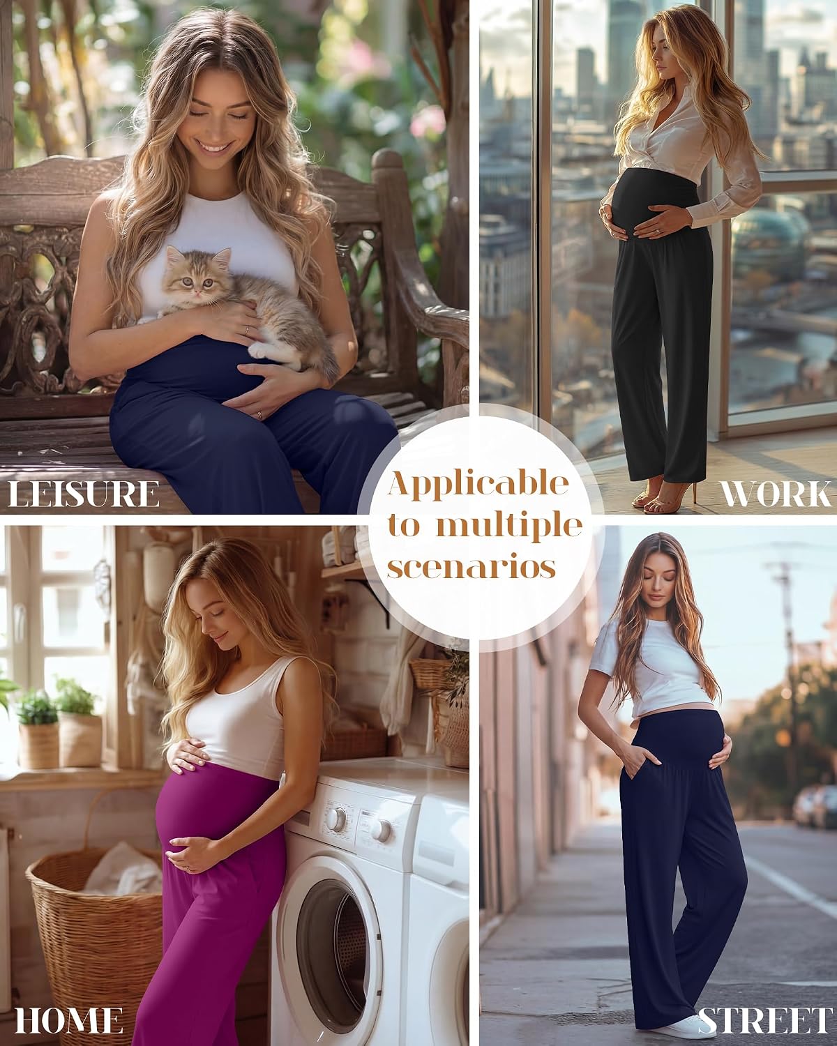3 Pack Women's Maternity Pants Loose Wide Leg Pregnancy Sweatpants Over the Belly Lounge Pants Pajama with Pockets(Black, Navy Blue, Fuchsia,Medium)