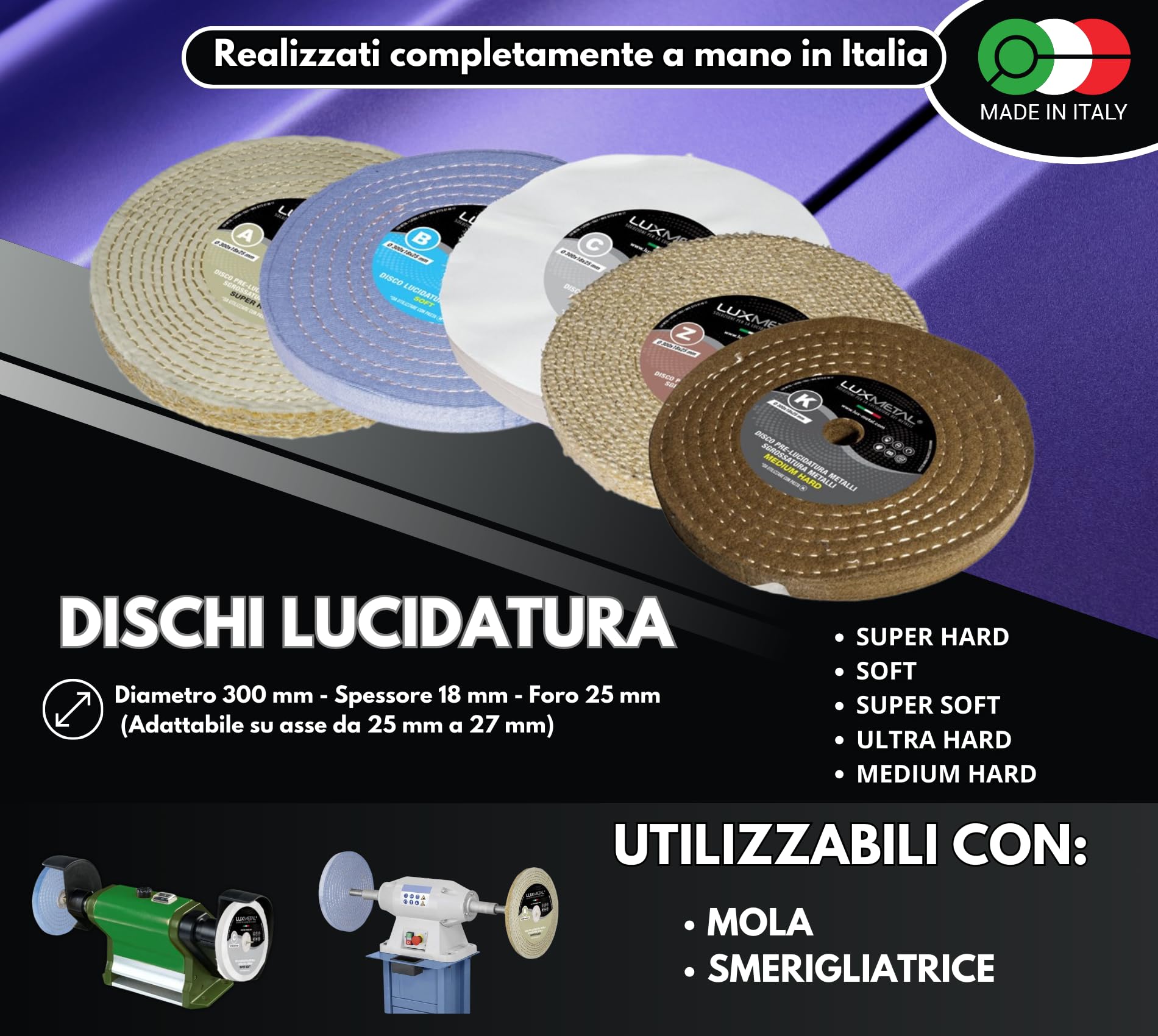 Lux Metal - Kit 5 Disco Lucidante 300 mm e 5 Pasta Abrasiva Lucidante 700 gr - Per Alluminio, Ferro, Acciaio Inox, Bronzo, Marmo - Ruota Lucidatura Metalli Mola Smerigliatrice Feltro