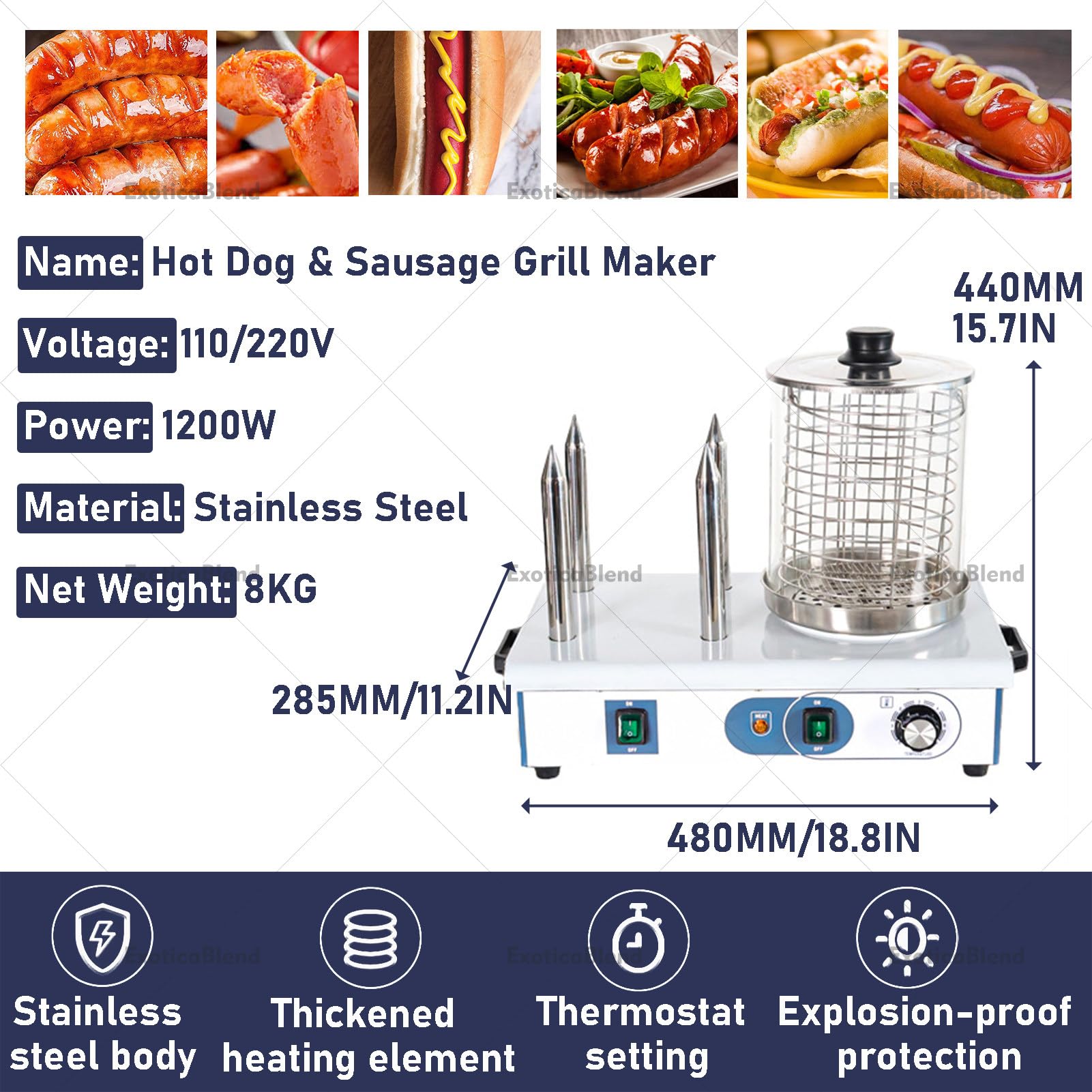 Máquina Eléctrica para Perritos Calientes con 3 o 4 Rodillos y Calentador de Panecillos; Vaporera Comercial y Grill de Contacto para Perritos Calientes, Temperatura Ajustable 4Stick