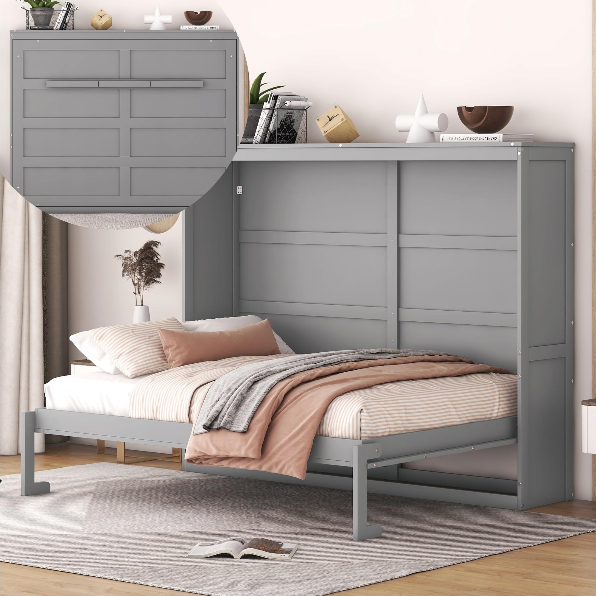 Merax Modern Murphy Cabinet Bed, Solid Wood Wall Platform Bed/No Box Spring Needed/Easy Assemble/Full,Gray