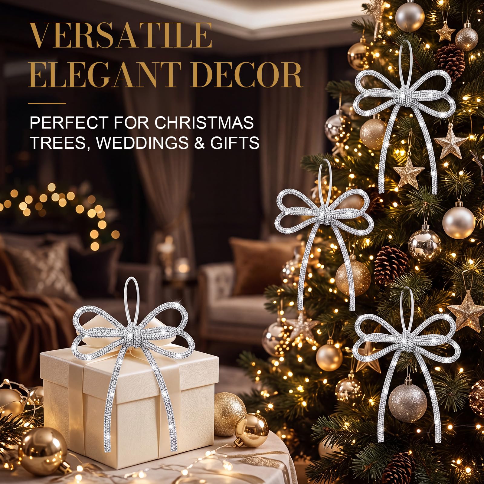 Pinkunn 20 fiocchi natalizi con strass, con design a doppio strato, con strass scintillanti, con cravatta intrecciata, decorazione per albero di Natale, ghirlande, confezioni regalo (bianco)