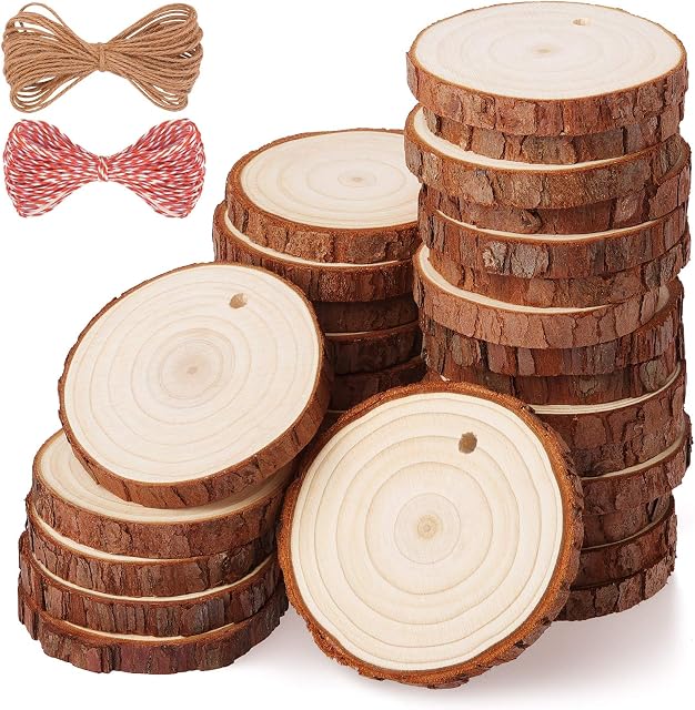 Fuyit Wood Slices 30 Pcs 5-6cm Drilled Hole Natural Unfinished Log Wooden Circles for DIY Crafts Wedding Decorations Christmas Ornaments with Free Gifts