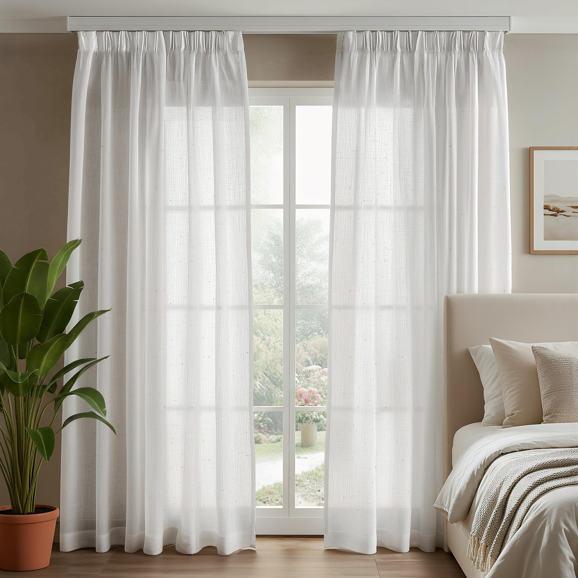 Deconovo Halbtransparente Vorhänge mit Kräuselband, Dekoschal für Wohnzimmer, Voile Leinenoptik, 215x140cm (HöhexBreite), Weiß, 2er Set