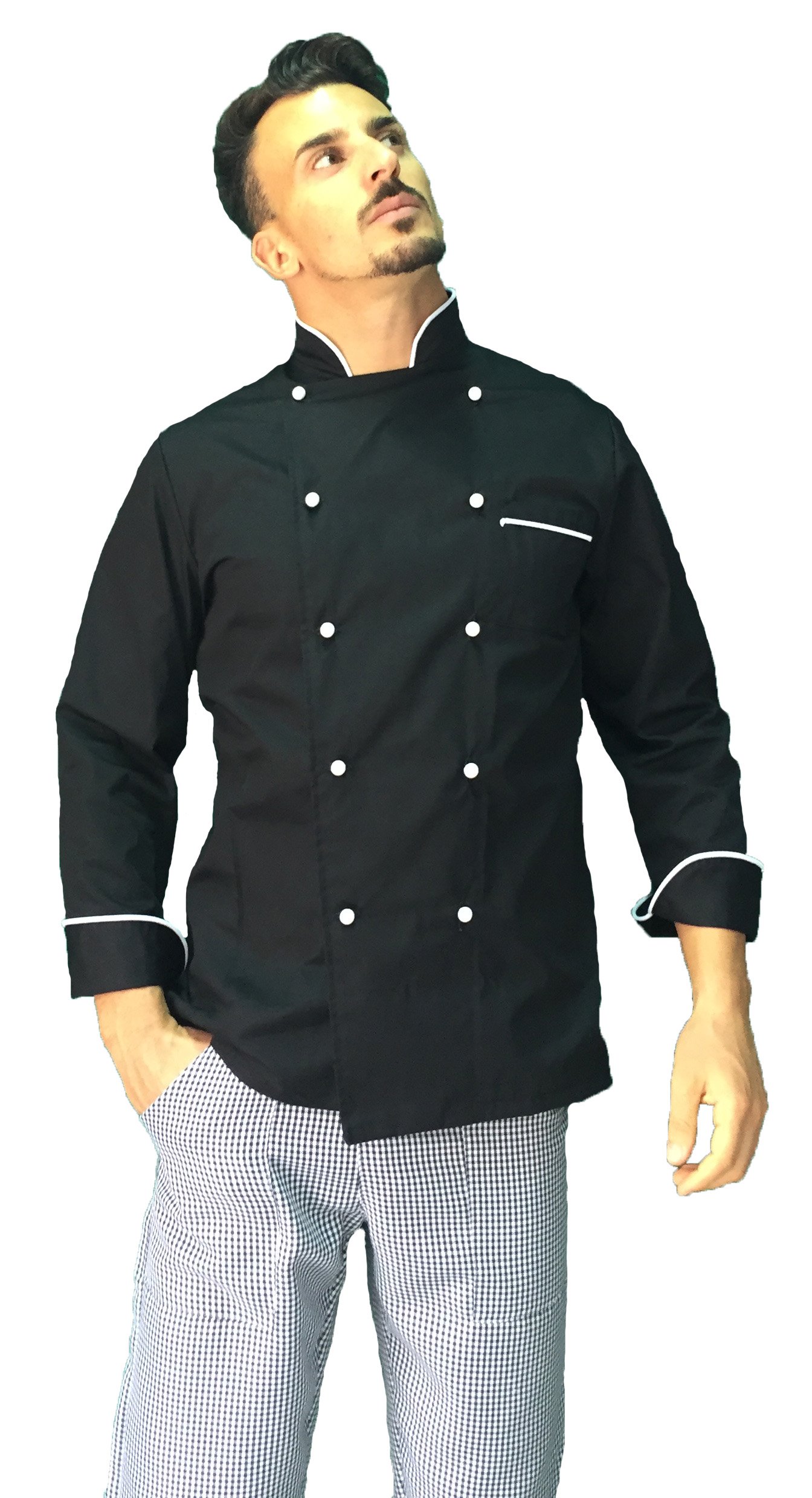 Bordado gratis - Conjunto de cocinero para hombre - Negro, Blanco y Pied de Poule - Uniforme Chef - Chaqueta, pantalones y delantal - Uniforme para cocina y restaurante - Made in