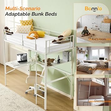 Bonnlo Loft Bunk Bed with Desk, Non-Slip Straight Ladder Single Loft Bed with Outlet and LED Light Strip, Multifunctional Metal Bed Frame Raised for Kids, Teens and Adults, White