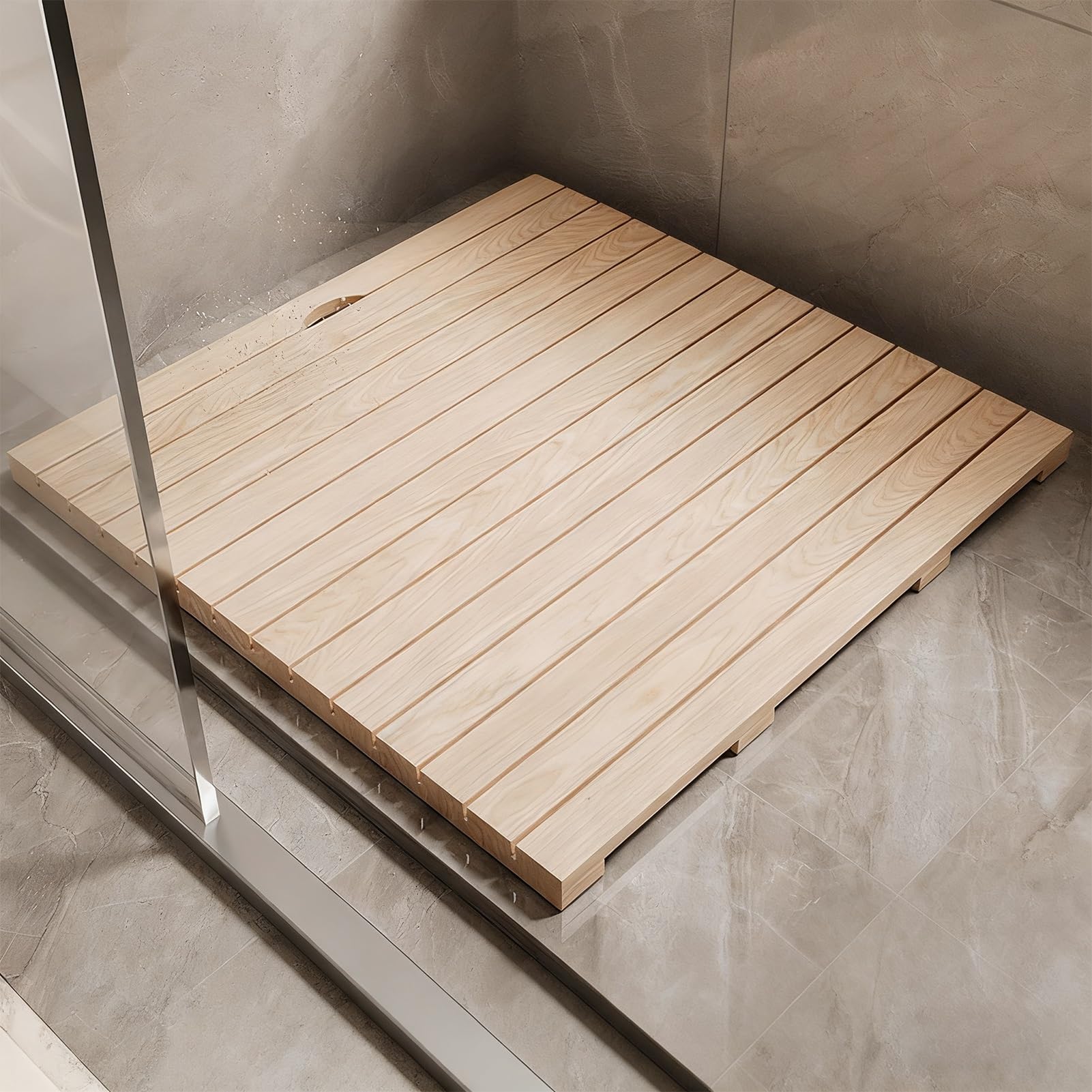 Scumlovy Teak Solid Wood Shower Floor Mat, Square Bath Mats for Non Slip with Drain HoleYard, Raised Comfortable Board, RV/Inside Outside Showers/Spa(80x100cm/31.5x39.4in)