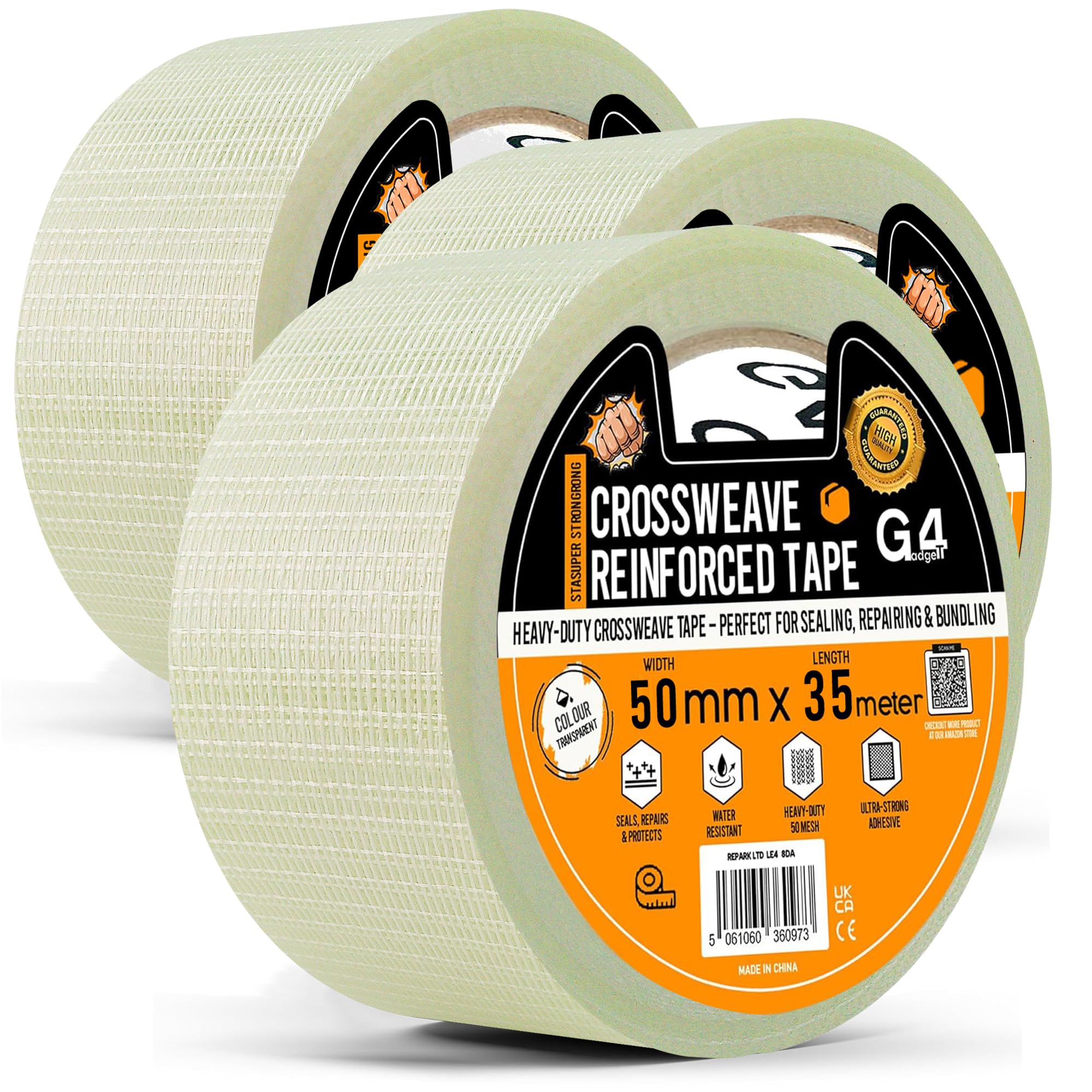 G4GADGET Strong Crossweave Reinforced Tape – 3 Rolls, 50mm x 35m Each, Transparent Bi-Directional Fiberglass Filament Tape, Heavy Duty Packing & Cricket Bat Tape for Sealing, Shipping & Storage