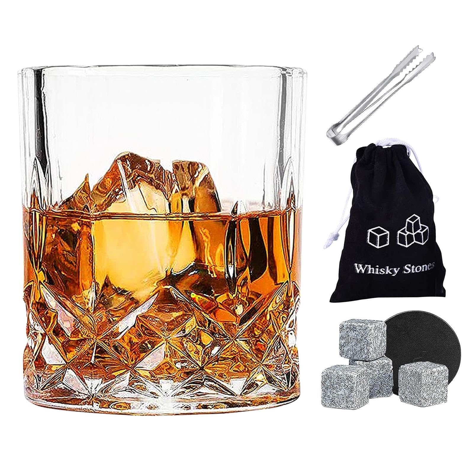 Whiskey Glass and Stone Set,Bourbon Whiskey Glasses Set | Reusable Stones Whisky Glasses with Tongs Set for Men Dad Father, Whiskey Set with Wooden Box