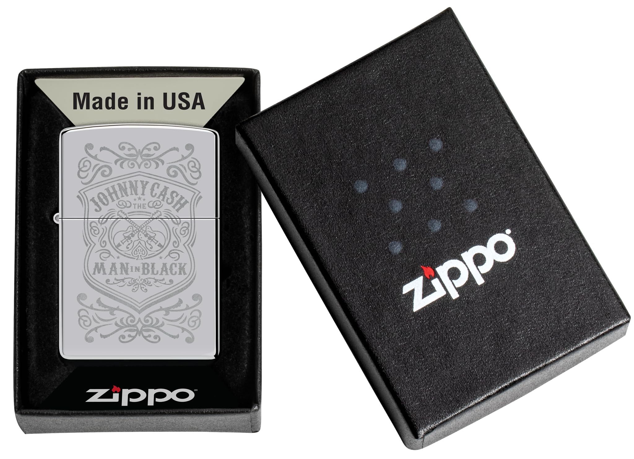 Zippo Sturmfeuerzeug Johnny Cash High Polish Chrome Nachfüllbar Windfestes Design Geschenkbox Made in USA