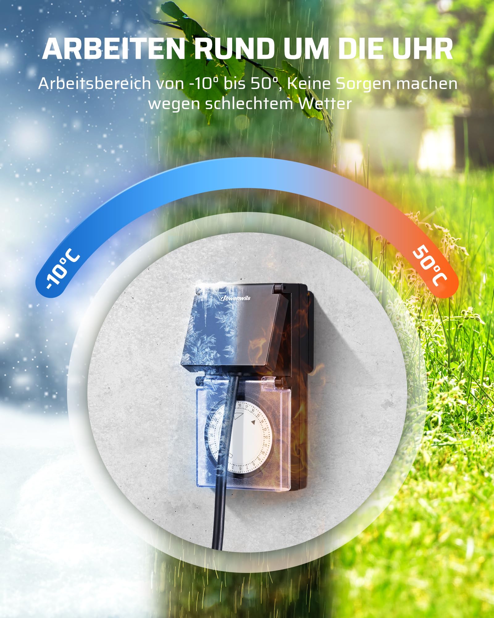 DEWENWILS Timer meccanico da esterno, Timer analogico da esterno con protezione impermeabile IP44, a prova di bambino e protettivo per giardino