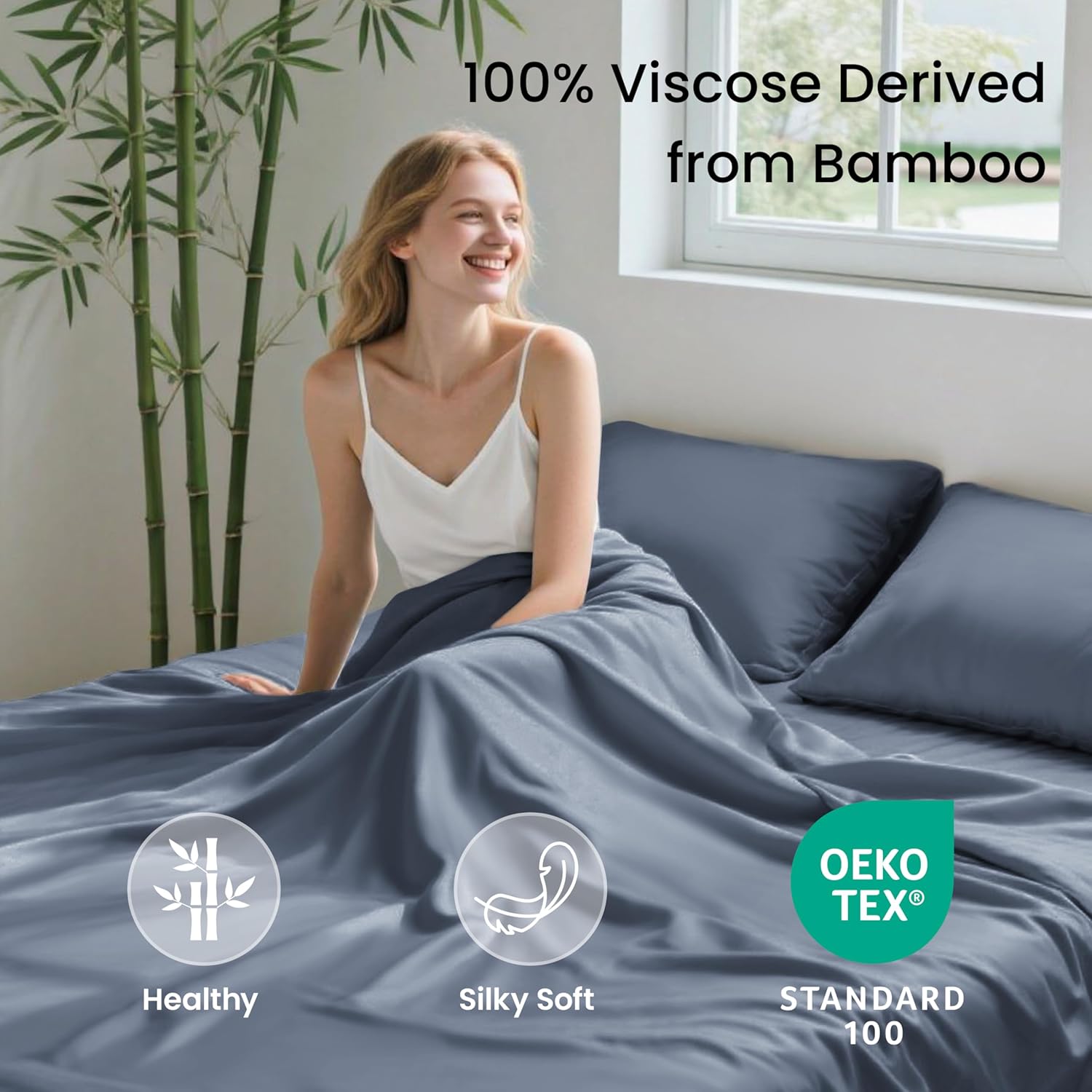 Love's cabin 4 Piece Queen Sheet Set, Cooling Sheets, 100% Rayon Derived from Bamboo, Breathable & Soft Queen Size Bed Set, Deep Pocket Up to 16", Hotel Luxury Silky Bedding Sheets, Bluish Grey - Image 2