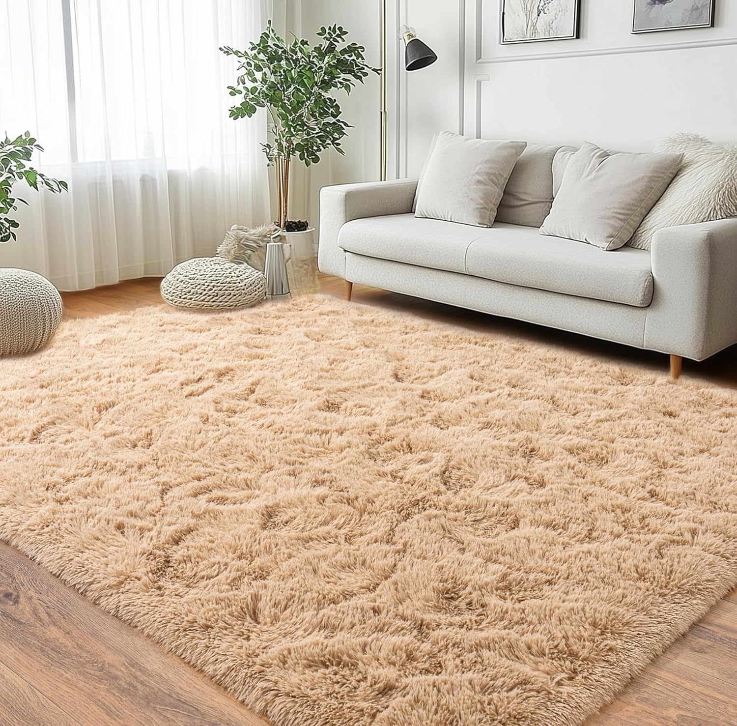 Yorkshire Bedding Rugs Living Room Large 140x200 cm Fluffy Shaggy Beige Area Rugs for Bedroom 450 GSM Non-Slip Super Soft Plush Carpets Non-Shedding with 1.4 Inches Pile Height for Lounge Kids Room