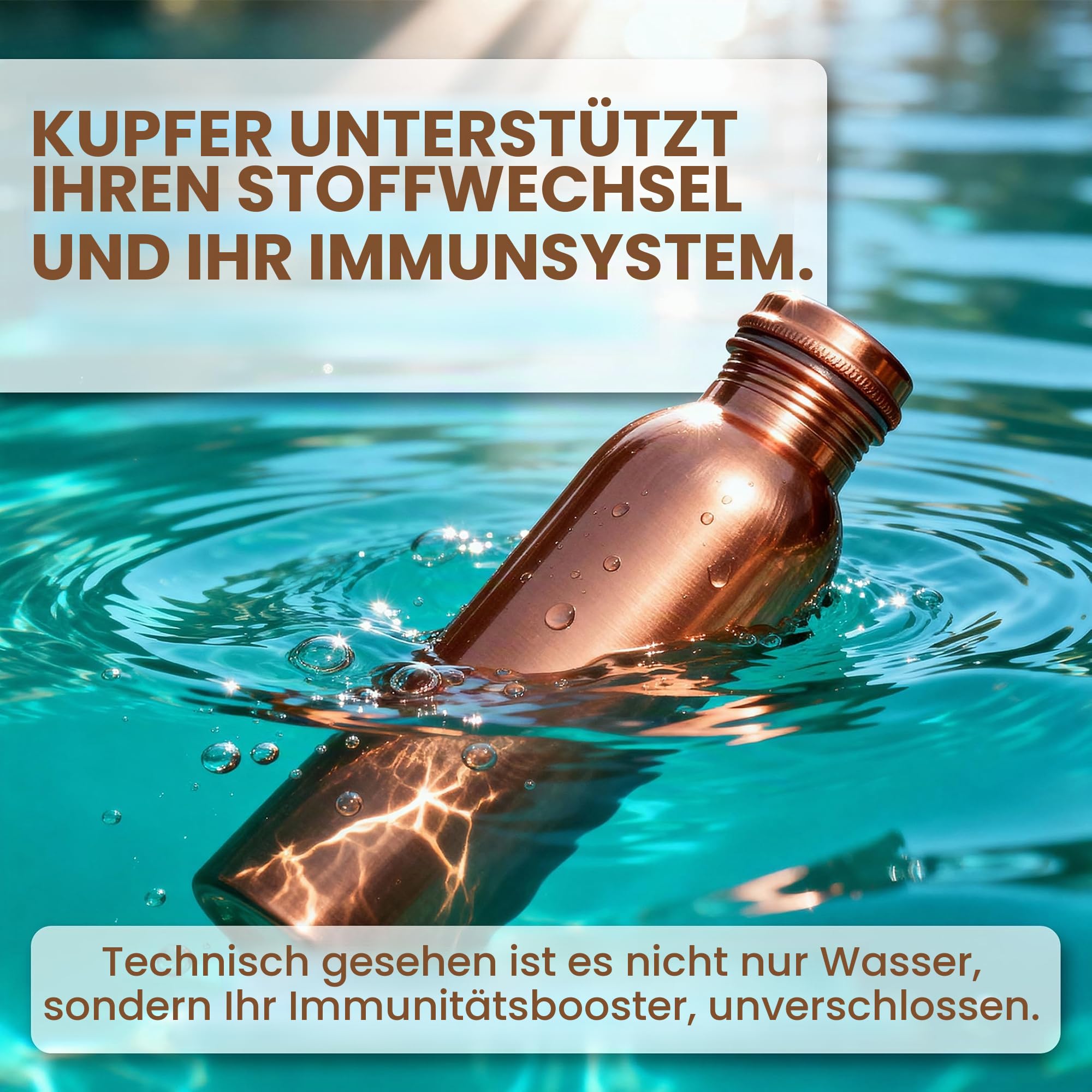 Wasserflasche aus natürlichem Kupfer – 1000 ml (ca. 34 oz) Flasche aus reinem Kupfer mit auslaufsicherem Deckel; ayurvedisches Kupfergefäß für Yoga, Meditation & Büro – 2 Stück