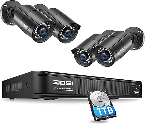 ZOSI Sistema de cámara PoE de seguridad para el hogar H.265+ de 1080p para interiores y exteriores, 8CH 5MP PoE NVR con disco duro de 1 TB y 4