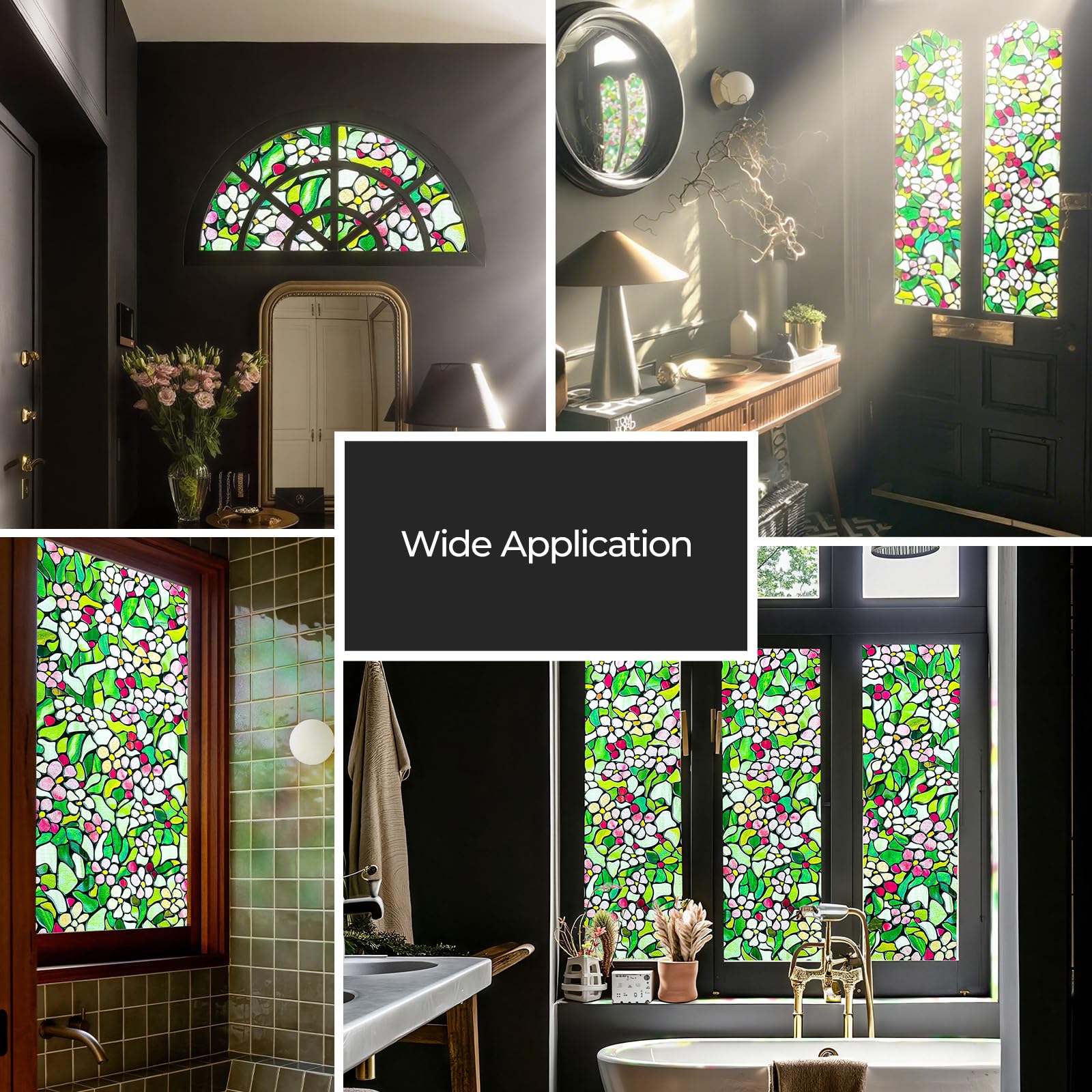 Film électrostatique dépoli pour fenêtre de salle de bain Motif floral 60 x 90 cm