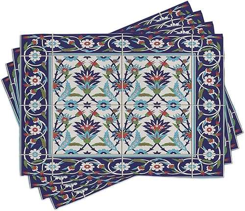 Ambesonne Juego de 4 manteles individuales con patrón turco, mosaicos con adornos inspirados en la naturaleza, tulipanes y margaritas con rizos,