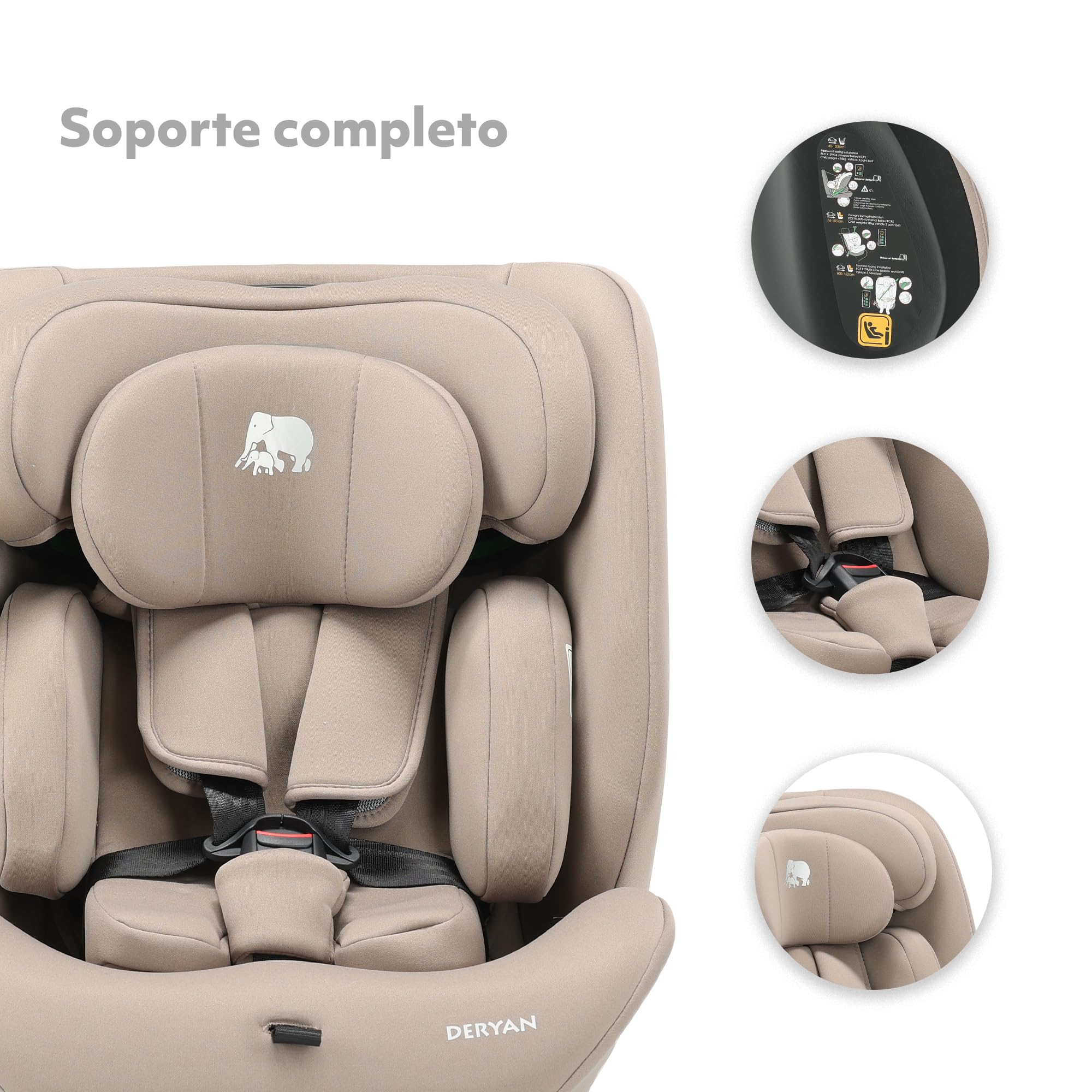 Silla de coche para niños Deryan Clyde i-Size (40-150 cm), 0-12 años, 0-36 kg, Montaje con cinturones de seguridad, reposacabezas y respaldo ajustables, reductor e inserto lingual, R129 (Nougat)