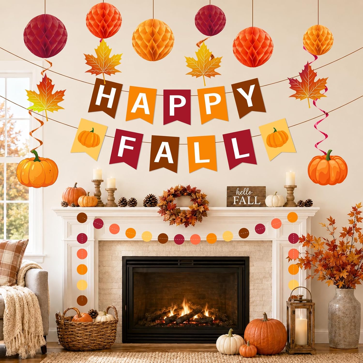 Fall Decorations for Office, Autumn Party Decorations includes Happy Fall Banner Pumpkin Maple Leaf Hanging Swirls and Orange Honeycomb Balls or Harvest Autumn Festival Thanksgiving Decorations